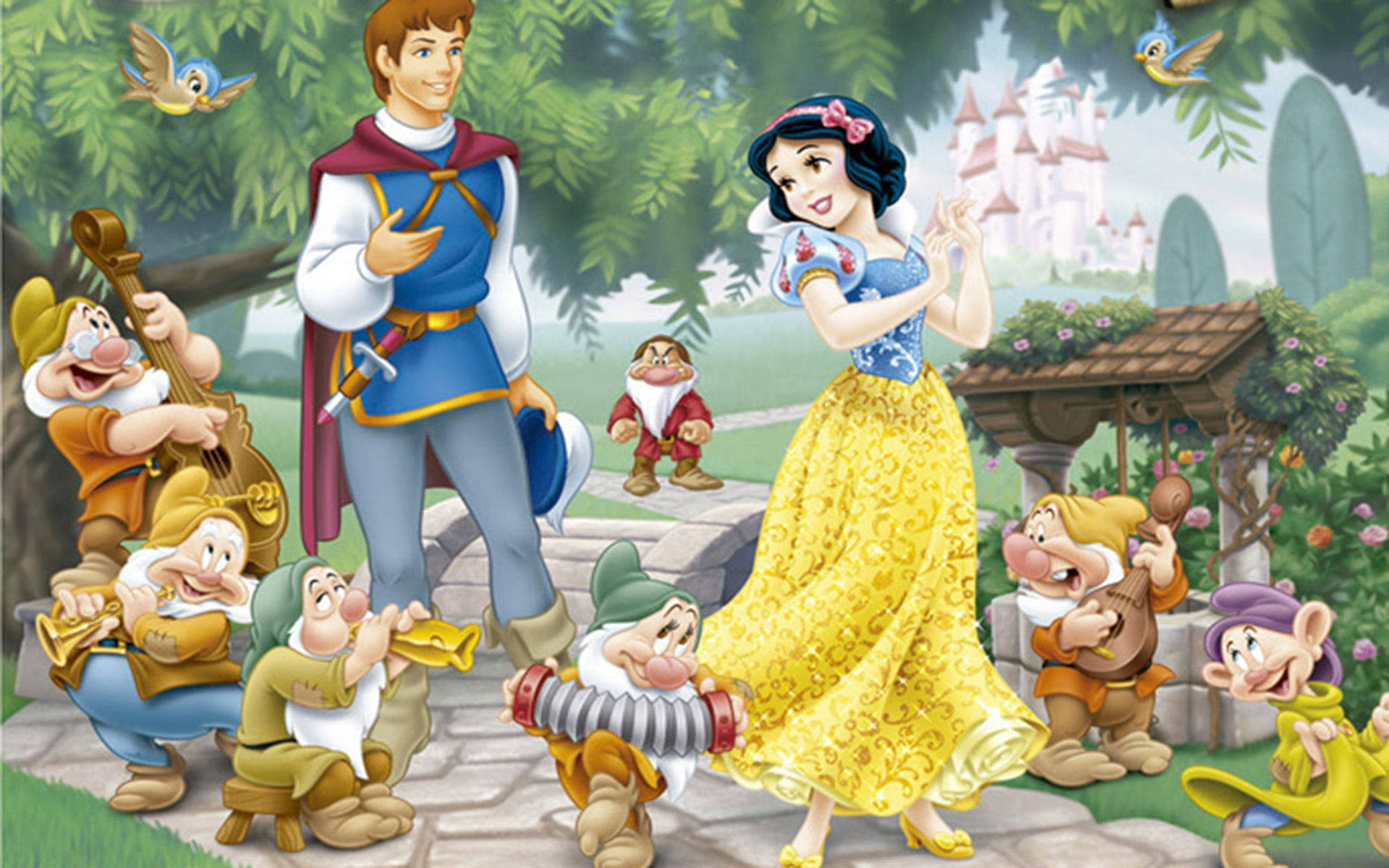 Seven Dwarfs 桌布 壁紙 — 白雪公主與七個小矮人和白馬王子在充滿活力的魔法森林空地中快樂地跳舞。