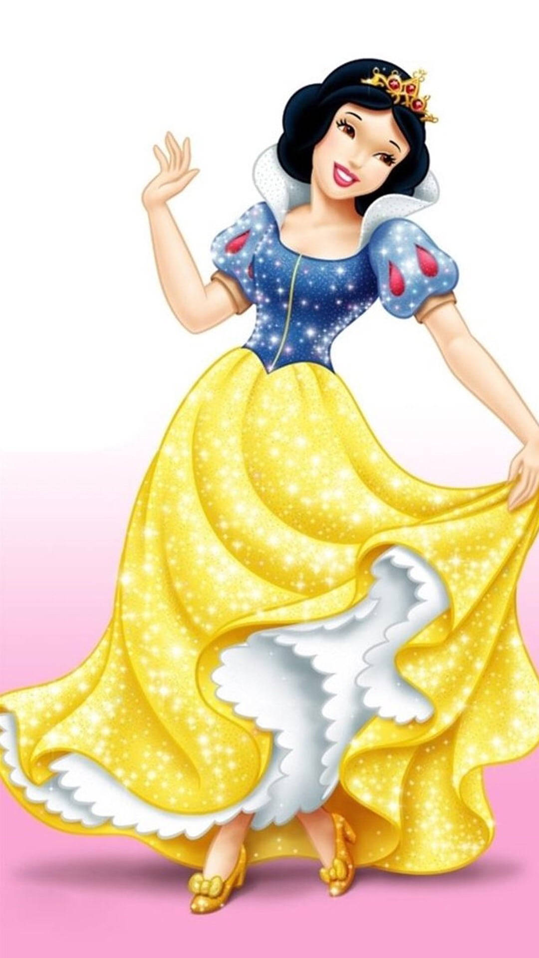 白雪公主 桌布 壁紙 — 白雪公主身穿標誌性的藍黃色連衣裙，搭配白色毛邊，在柔和的粉紅色背景上愉快地揮手。