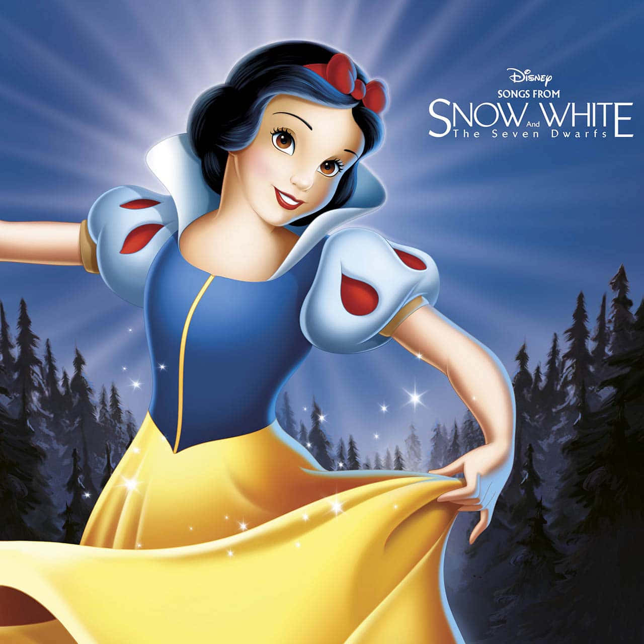 白雪公主 桌布 壁紙 — 白雪公主身穿標誌性的藍黃色連衣裙，在星光閃爍的森林背景下，伴隨著耀眼的光束，燦爛地微笑。