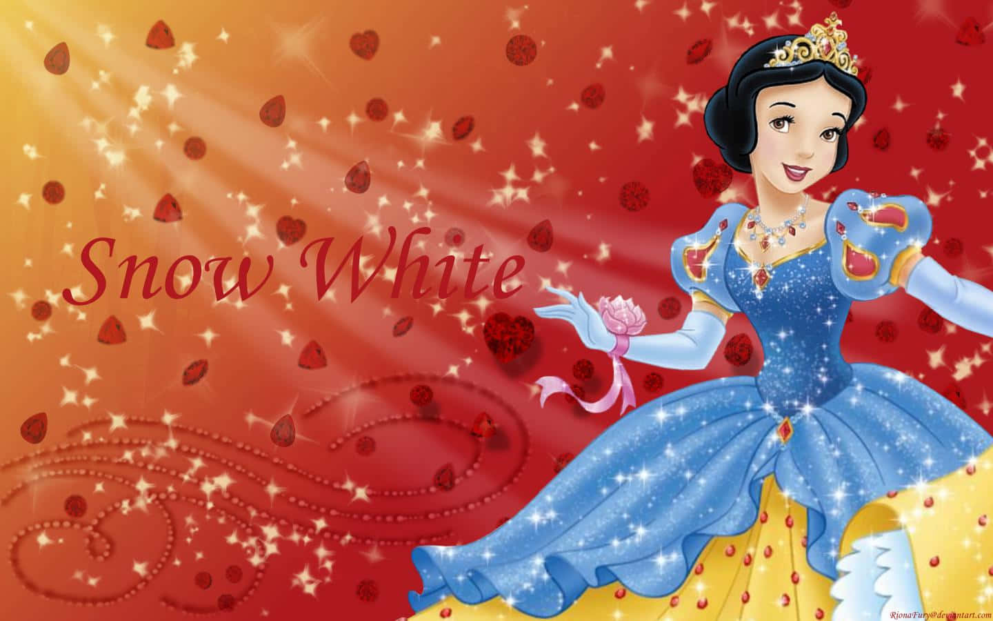 白雪公主 桌布 壁紙 — 白雪公主身穿閃閃發光的藍色長裙，在飄落的紅心和金色星星中翩翩起舞，背景是耀眼的橙色和紅色漸變。