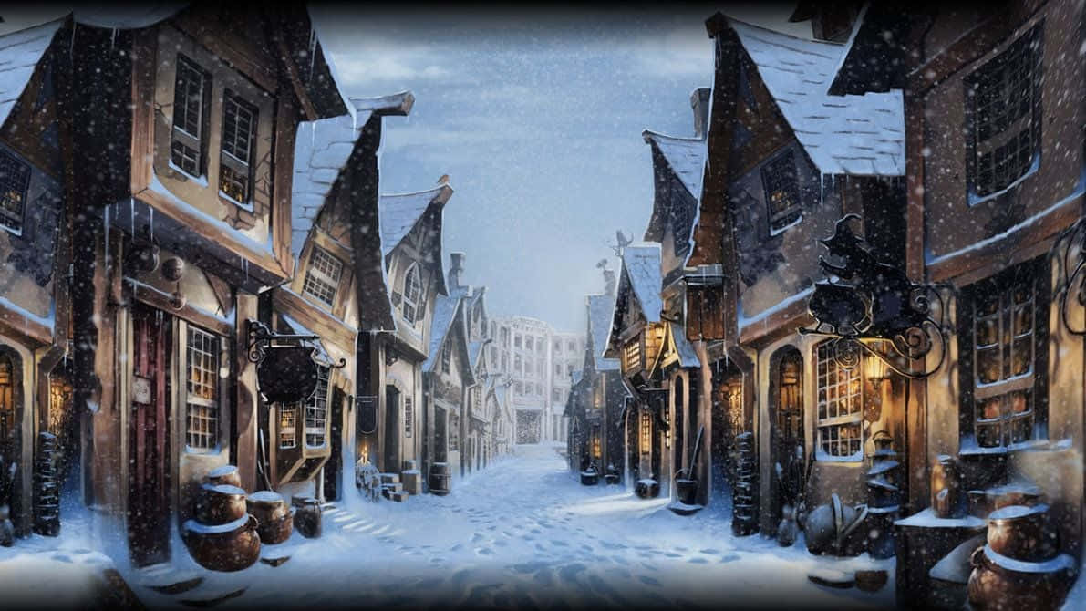 Harry Potter Christmas 桌布 壁紙 — 白雪覆蓋一條狹窄的中世紀街道，溫暖的燈光從窗戶中透出，映照著灰色的冬日天空。