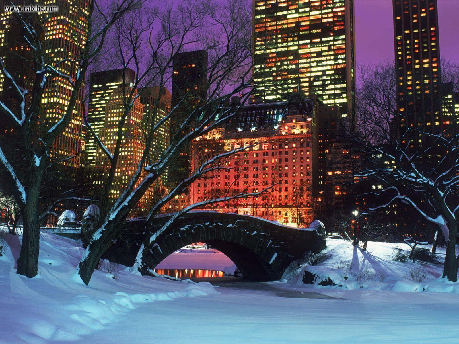 Winter Cityscape 桌布 壁紙 — 白雪覆蓋中央公園的石橋，發光的城市摩天大樓在暮色紫羅蘭色的天空中升起。