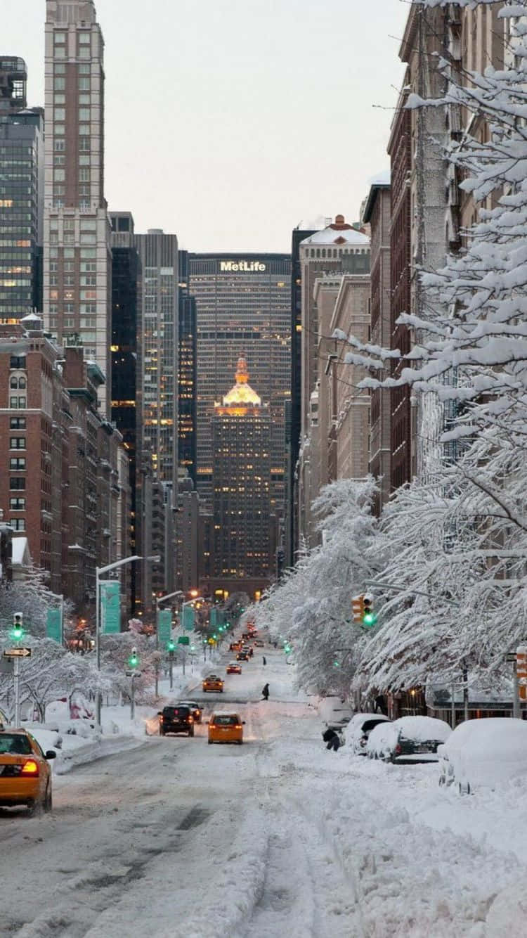 New York 桌布 壁紙 — 白雪覆蓋了一條兩旁高樓大廈和樹木的城市街道，黃色的士在昏暗的冬日燈光下行駛。