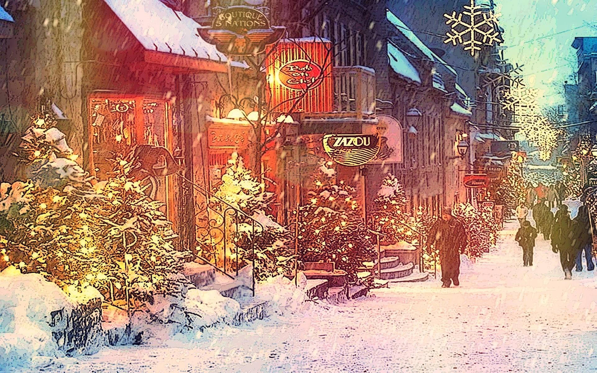 雪 桌布 壁紙 — 白雪覆蓋了一條舒適的歐洲街道，黃昏時分，溫暖的燈光從商店櫥窗中閃耀，節日裝飾閃爍。