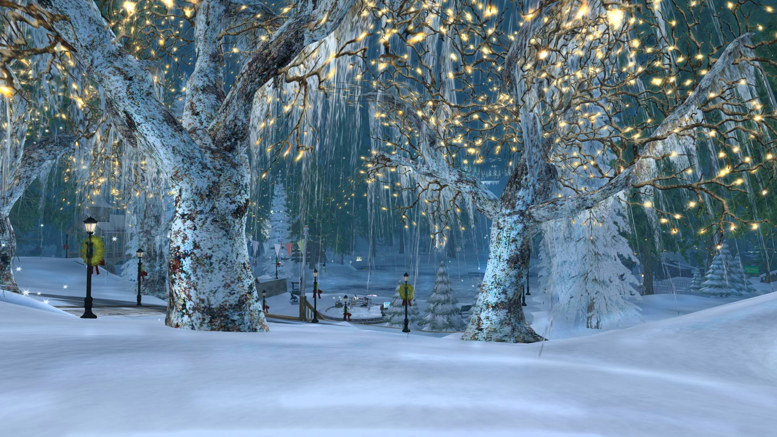 Pretty Christmas 桌布 壁紙 — 白雪覆蓋冬季公園，冰凍的樹木滴落發光的童話燈，營造出神奇寧靜的氛圍。