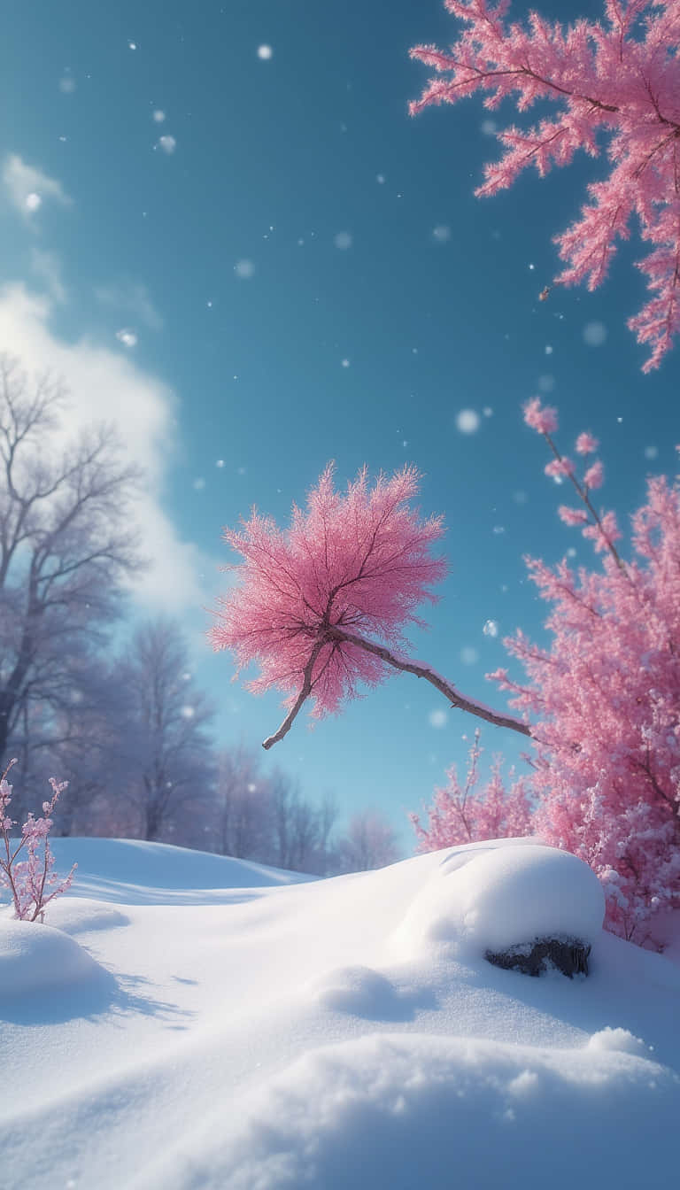 花卉 桌布 壁紙 — 白雪覆蓋地面，襯托著鮮豔的粉紅色開花樹木，背景是晴朗的藍天和飄落的雪花。