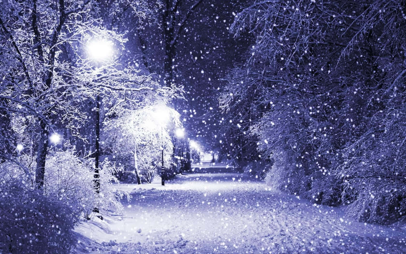 冬天 桌布 壁紙 — 白雪覆蓋寧靜的冬季公園小徑，在黑暗的天空下被發光的街燈照亮。