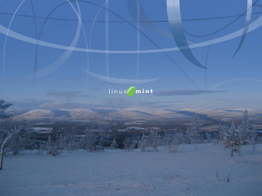 Linux 桌布 壁紙 — 白雪覆蓋寧靜的冬季樹木和遠山，在帶有抽象白色漩渦的寧靜藍天下。