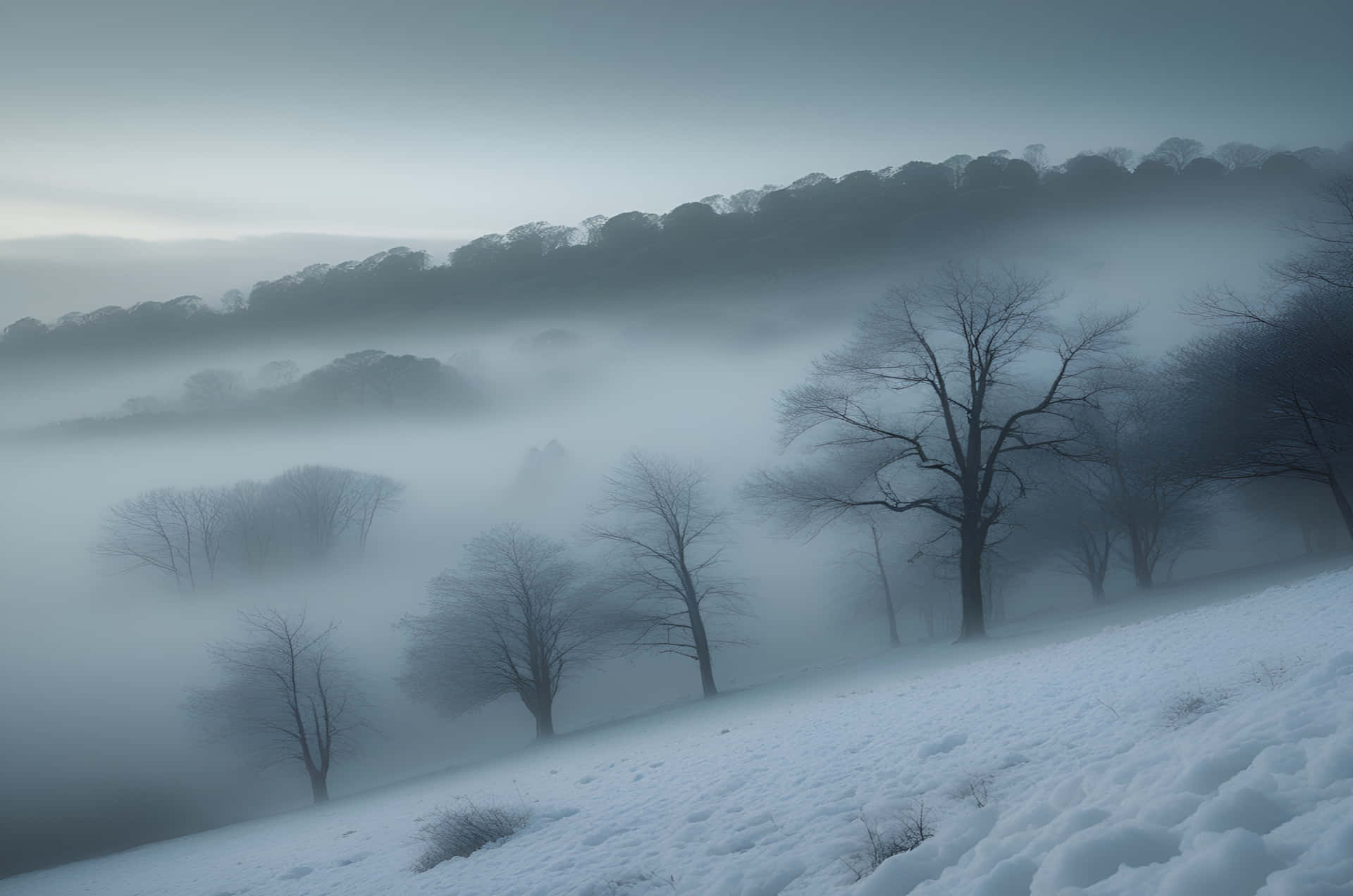 Winter Hill and sky view 壁紙 — 白雪覆蓋山坡，光禿的樹木從霧氣瀰漫的山谷中升起，在灰色的冬日天空下。