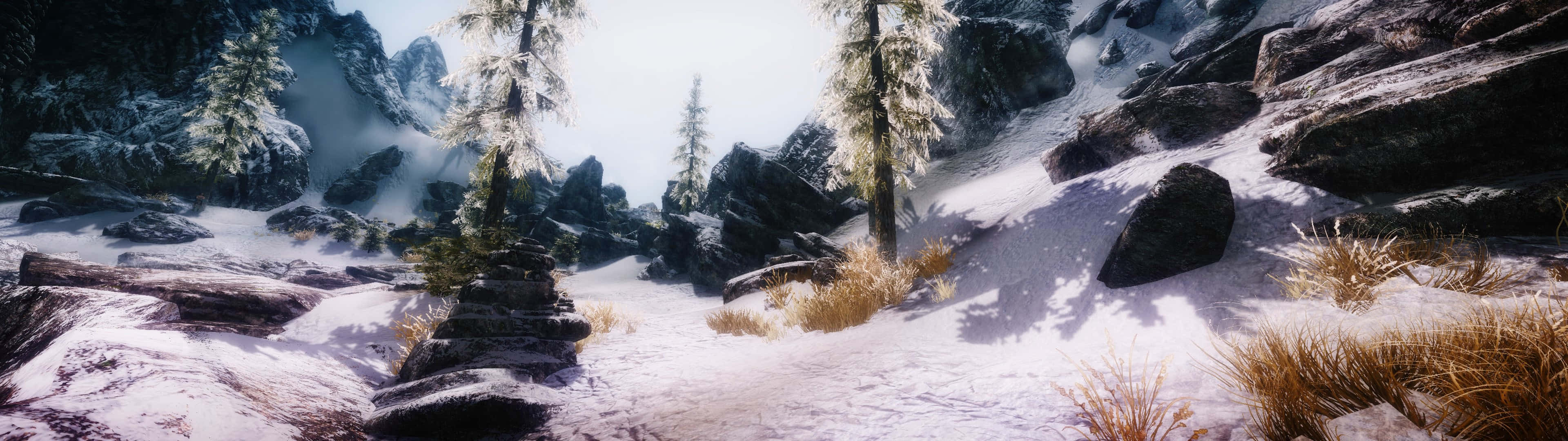 Skyrim Landscape 桌布 壁紙 — 白雪覆蓋崎嶇的山脈和結霜的松樹，在明亮的冬日天空下。