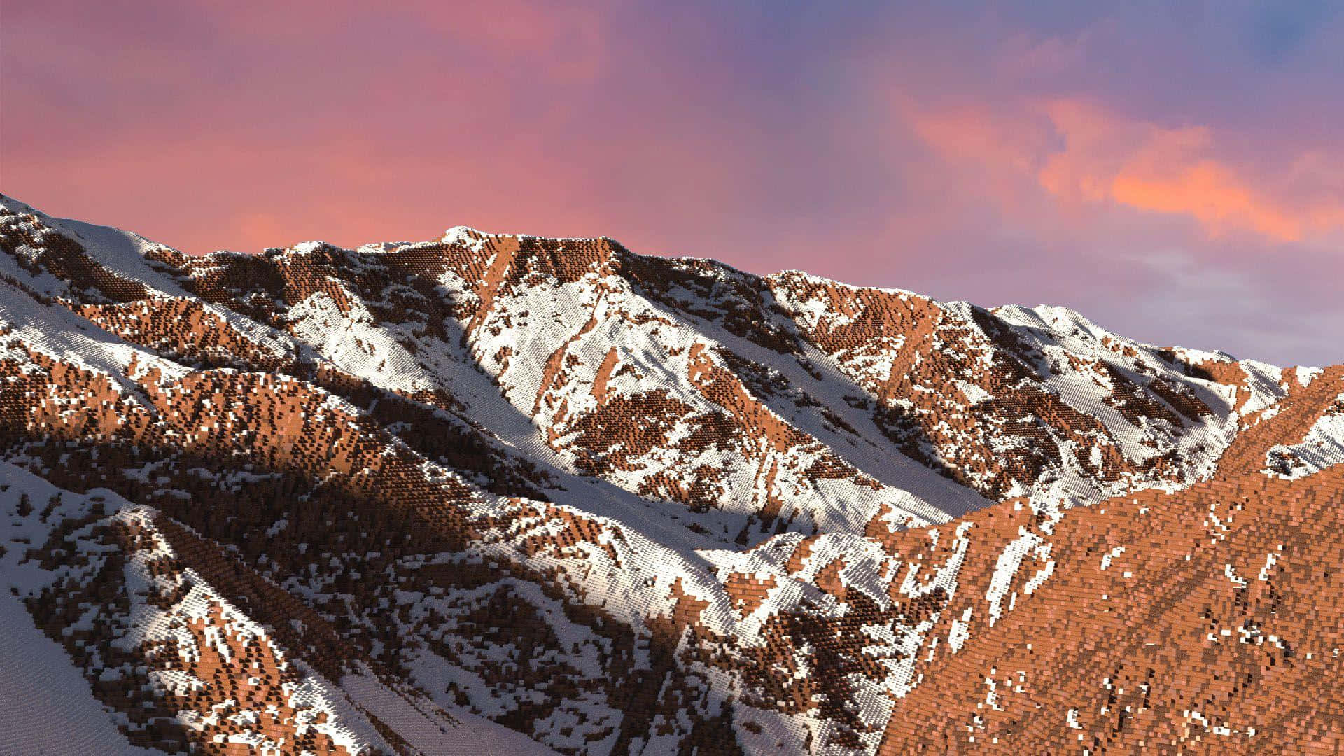 macOS 桌布 壁紙 — 白雪覆蓋崎嶇的山脊，天空呈現鮮豔的粉紅色和橙色日落。