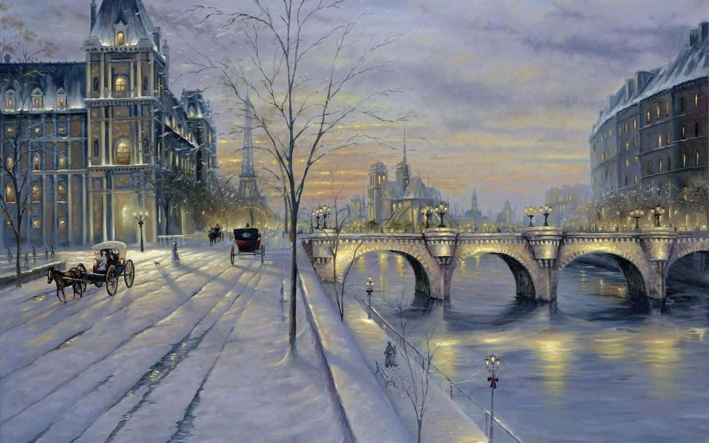 Winter Art 桌布 壁紙 — 白雪覆蓋巴黎街道，馬車在暮色天空下滑過石橋，遠處的艾菲爾鐵塔閃閃發光。