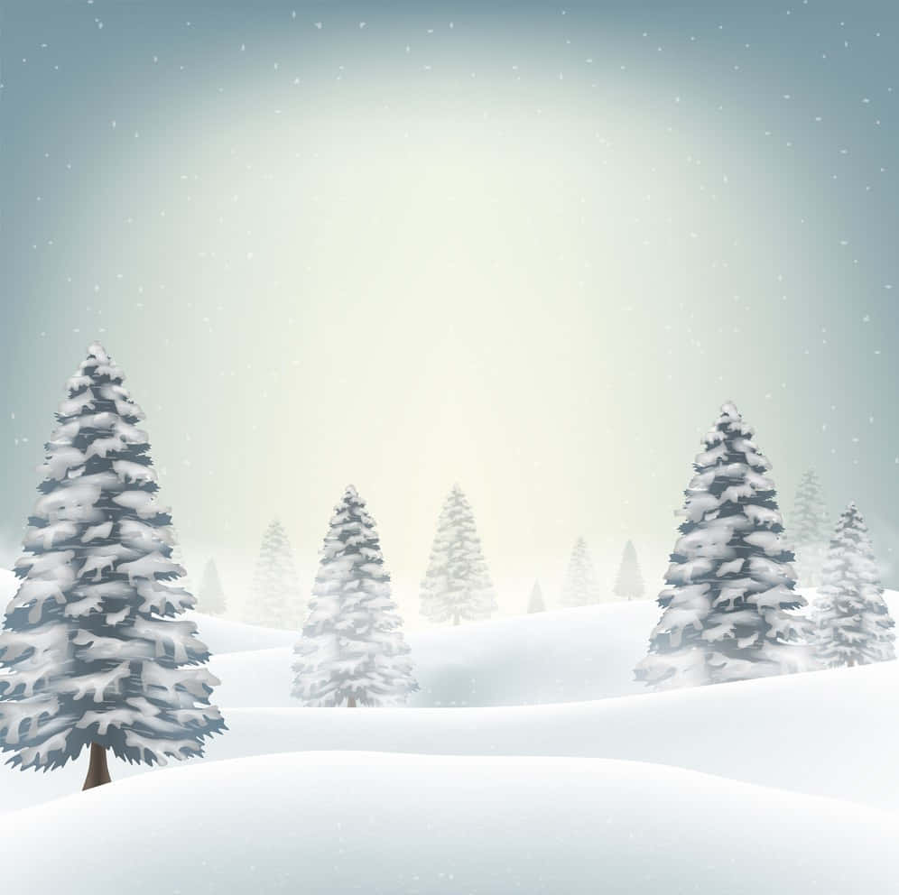 雪 桌布 壁紙 — 白雪覆蓋常綠樹，在柔和發光的天空下，雪花飄落的寧靜冬日森林。