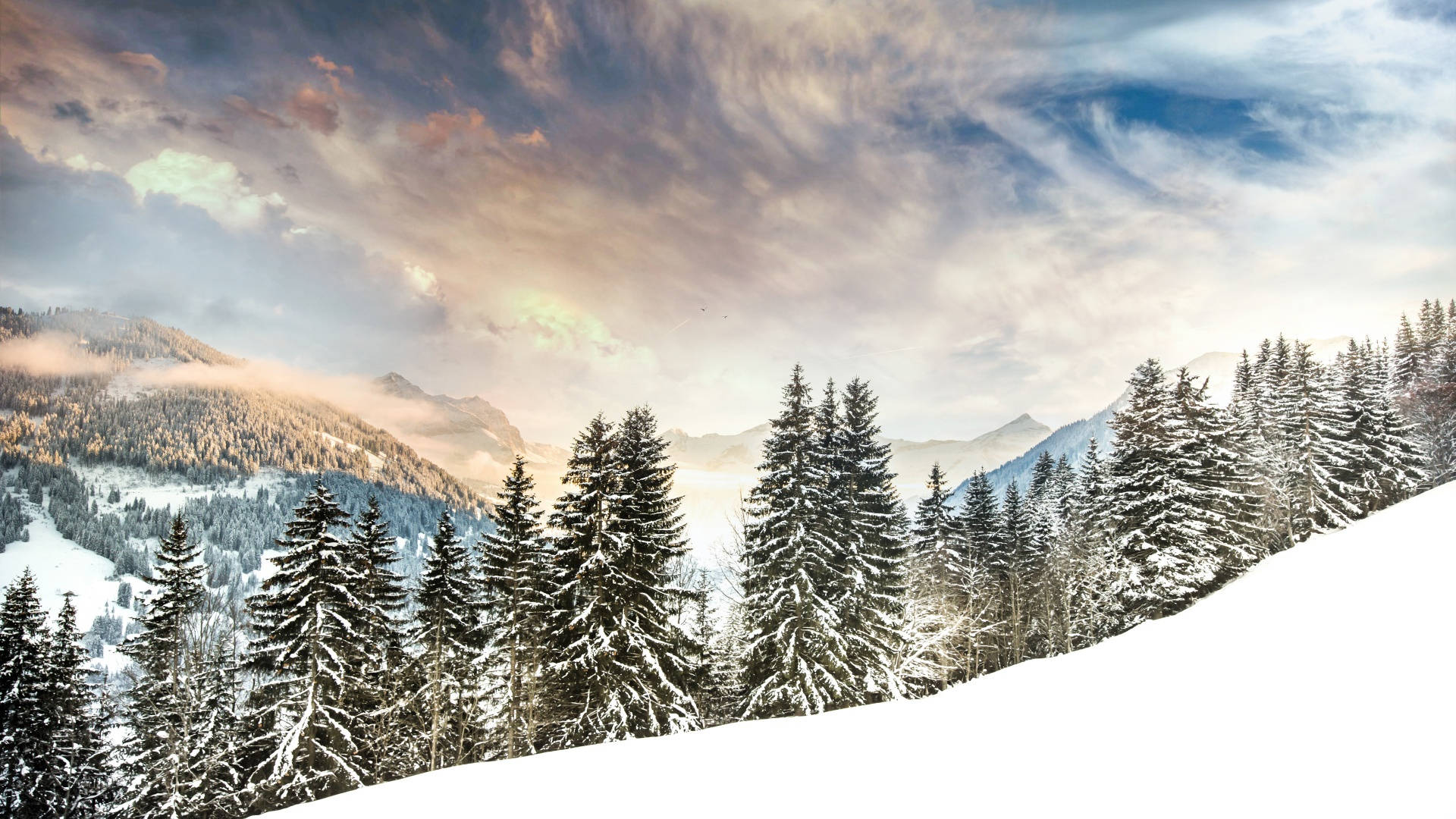 冬季美學 桌布 壁紙 — 白雪覆蓋常綠樹和山坡，在戲劇性的日出天空下，伴有縷縷雲彩。