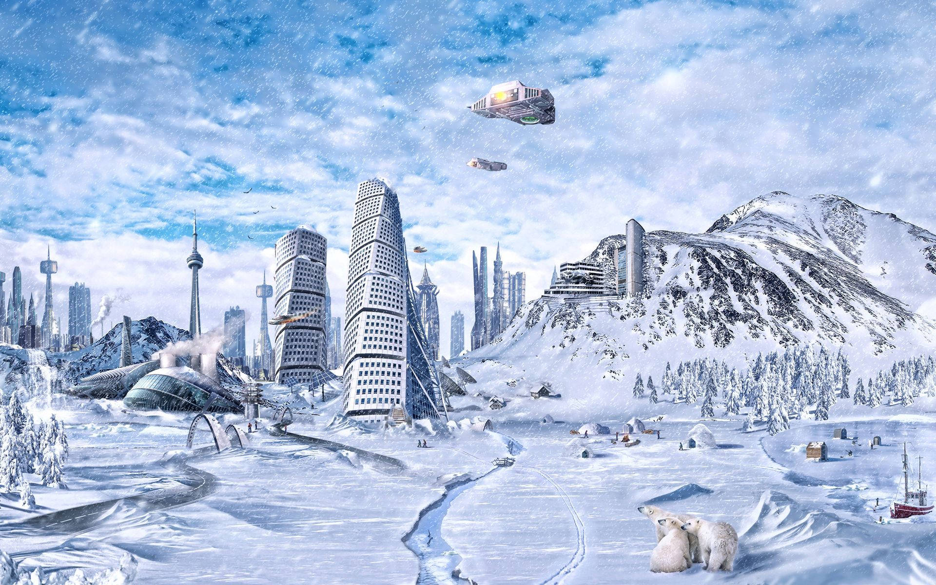 科學 桌布 壁紙 — 白雪覆蓋未來城市景觀，有飛船和北極熊在冰凍水域附近。