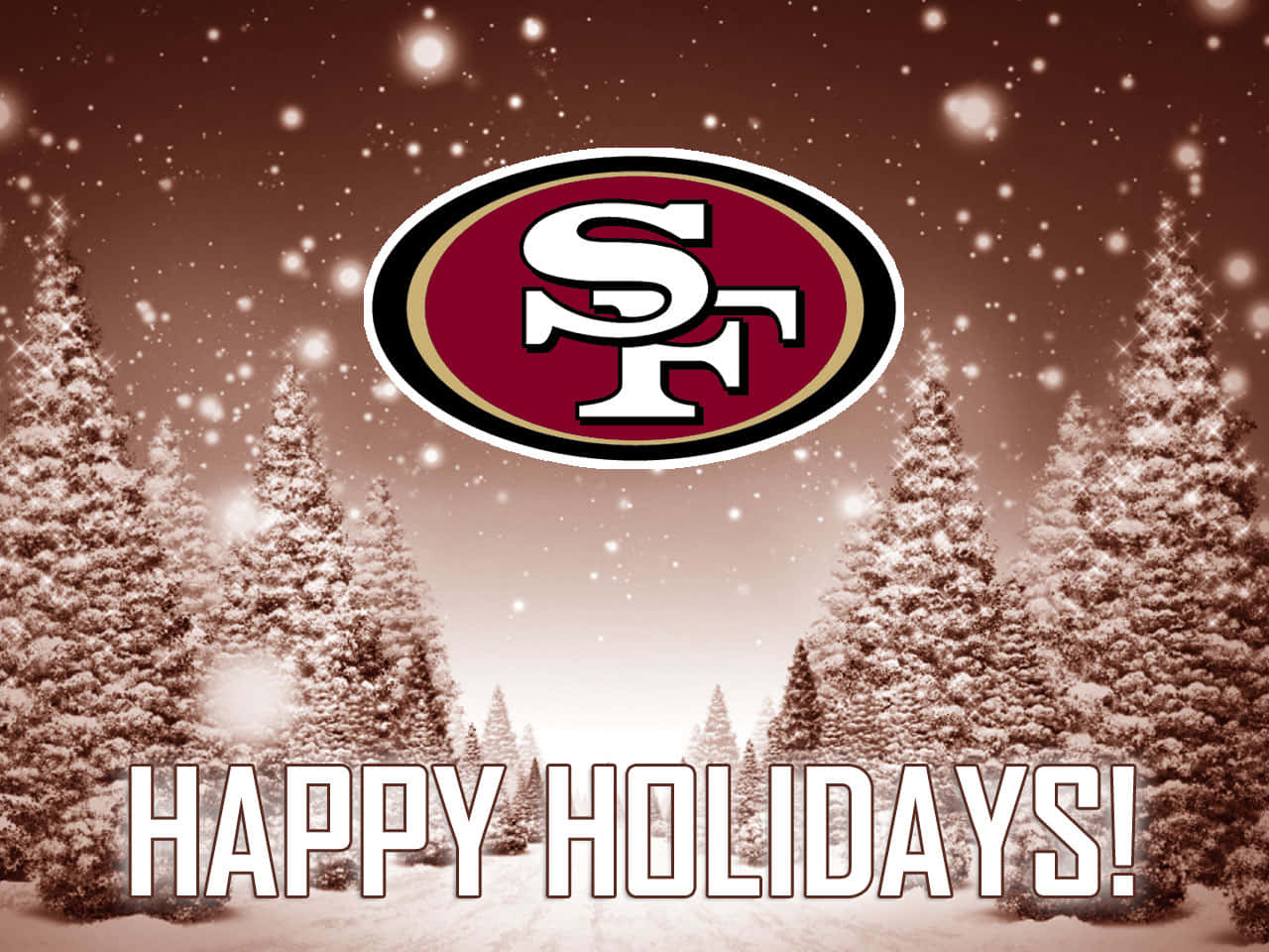 49ers 桌布 壁紙 — 白雪覆蓋松樹，下方有節日氣氛的舊金山49人隊標誌，並寫有「佳節快樂！」文字。