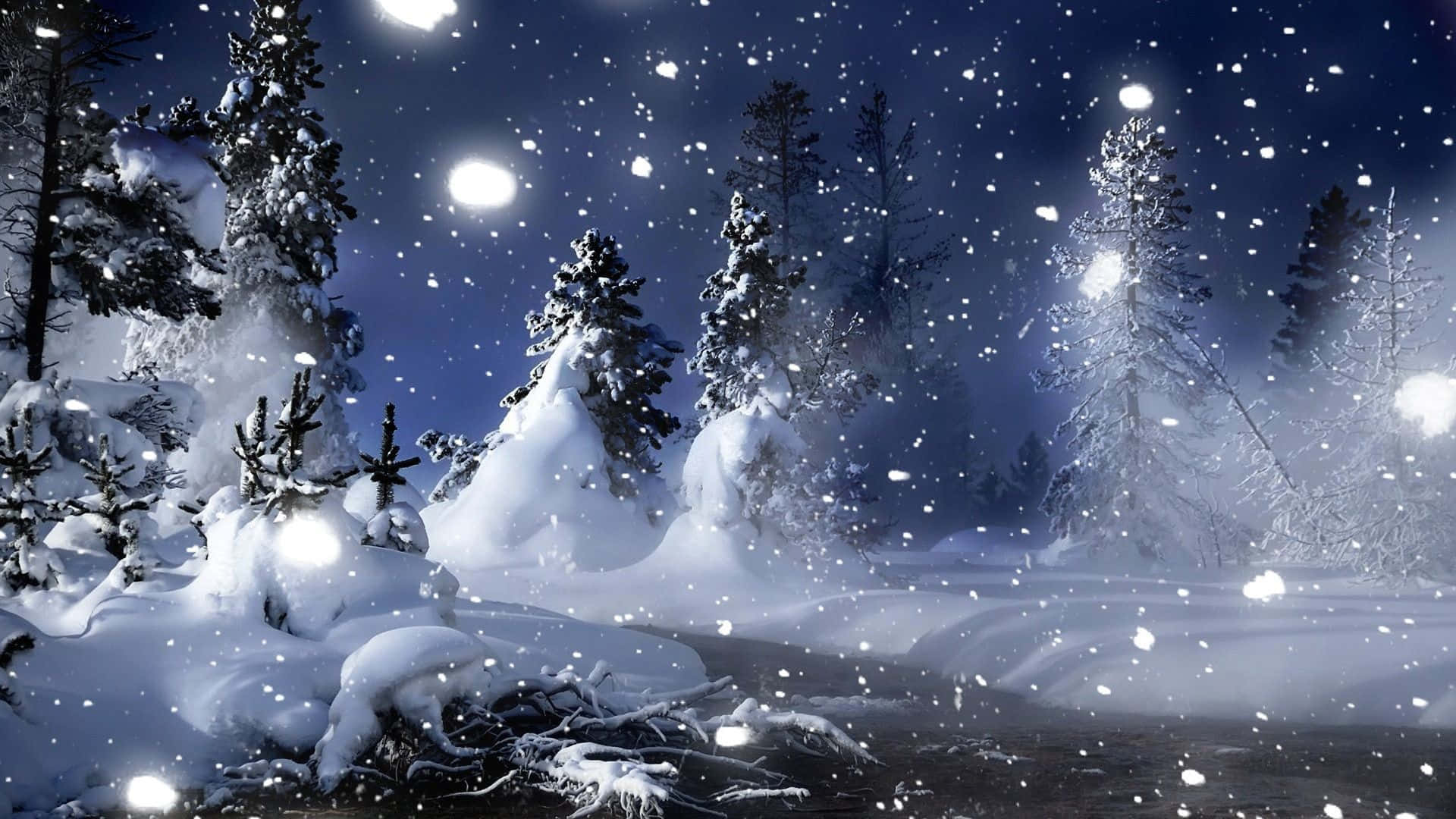 雪 桌布 壁紙 — 白雪覆蓋松樹，在星空下，發光球體飄過飄落的雪花。