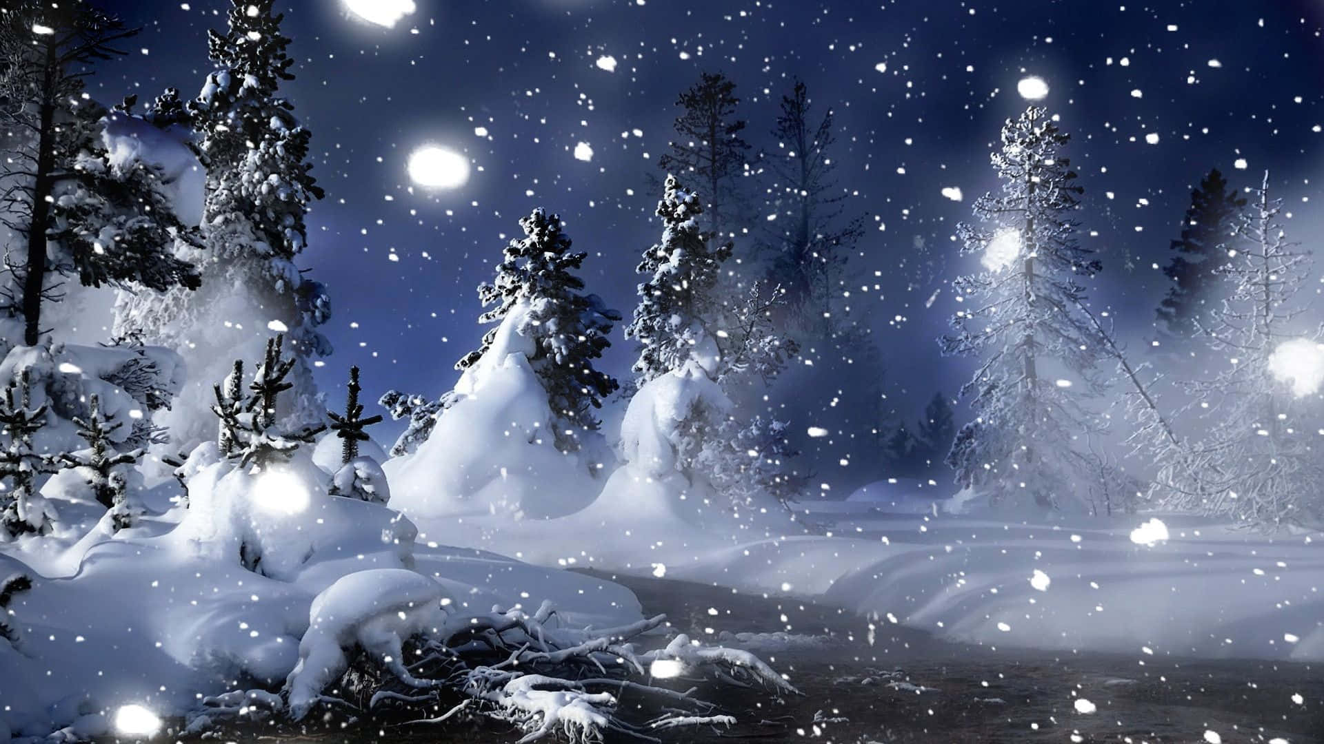 Christmas Snow 桌布 壁紙 — 白雪覆蓋松樹，在繁星點點的夜空下，發光球體飄過飄落的雪花。