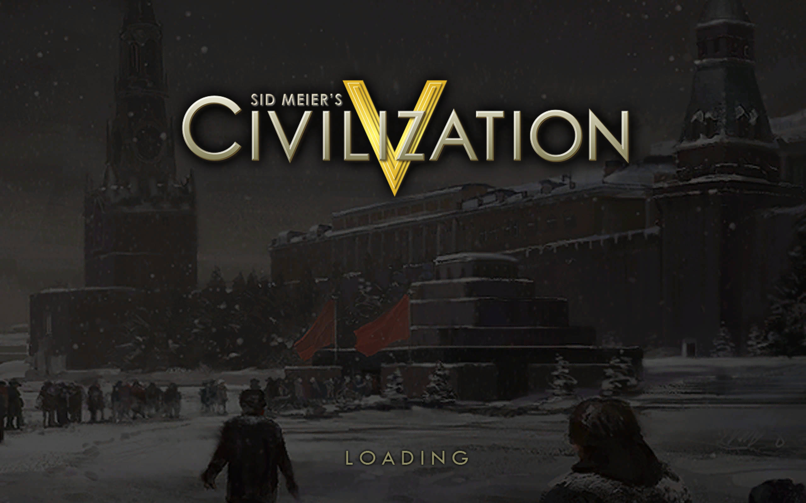 civilization 5 桌布 壁紙 — 白雪覆蓋歷史悠久的克里姆林宮塔樓和紅旗，人物在文明V的冬日遊戲載入畫面中行走。