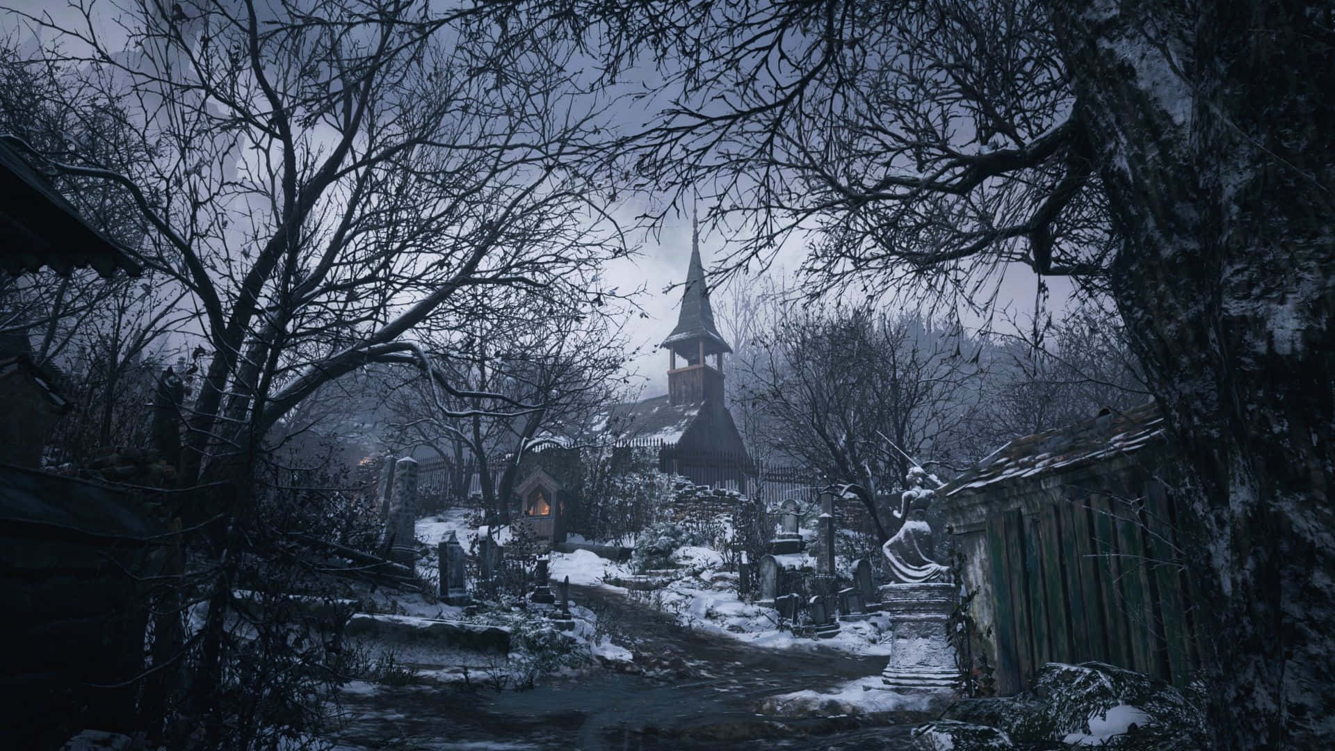 Resident Evil Village 桌布 壁紙 — 白雪覆蓋的墓地，光禿禿的樹木襯托著遠處的教堂，天空陰沉冬日。