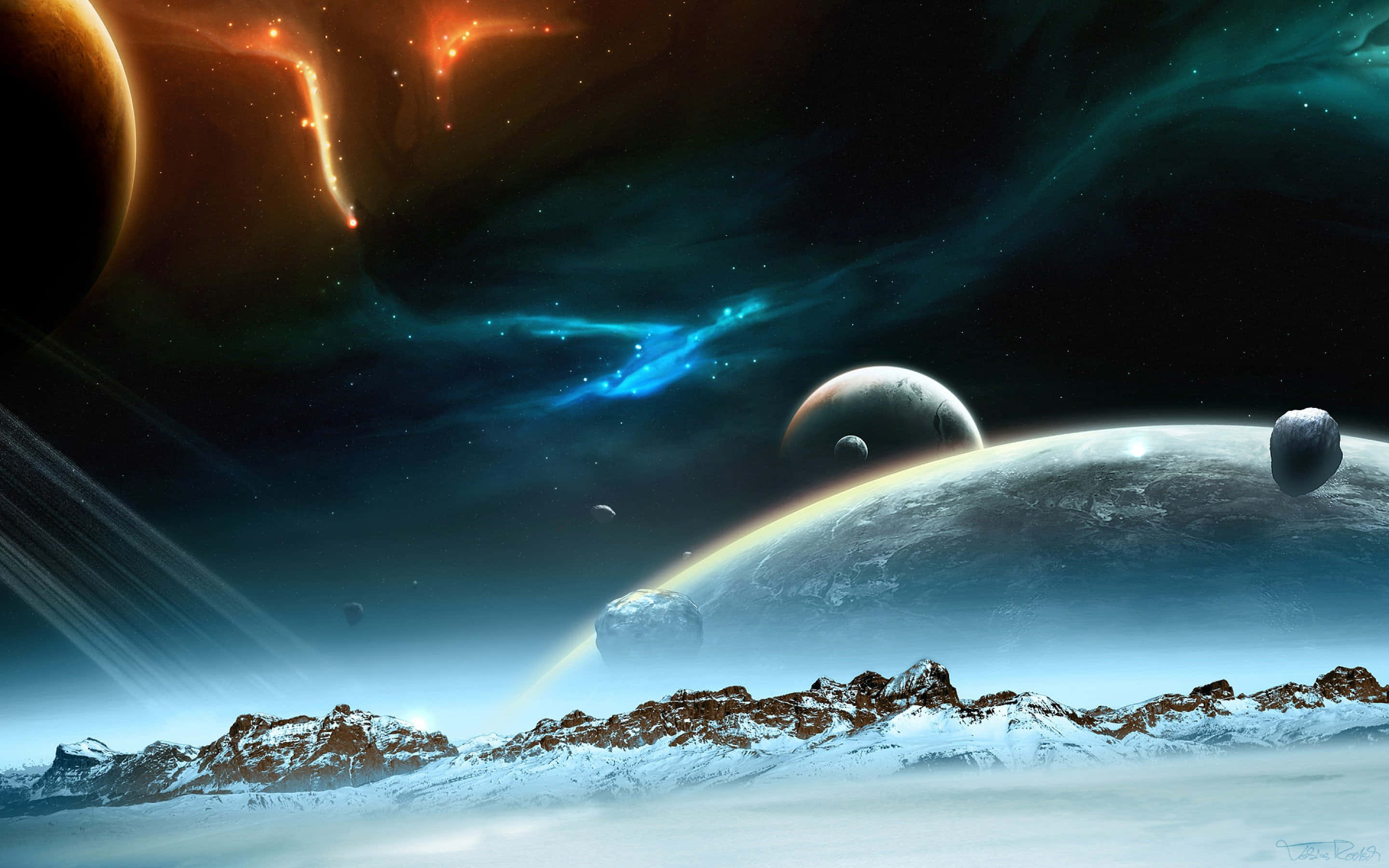 3d Space 桌布 壁紙 — 白雪覆蓋的外星山脈在充滿活力的宇宙天空下升起，天空中有發光的星雲和遙遠的行星。