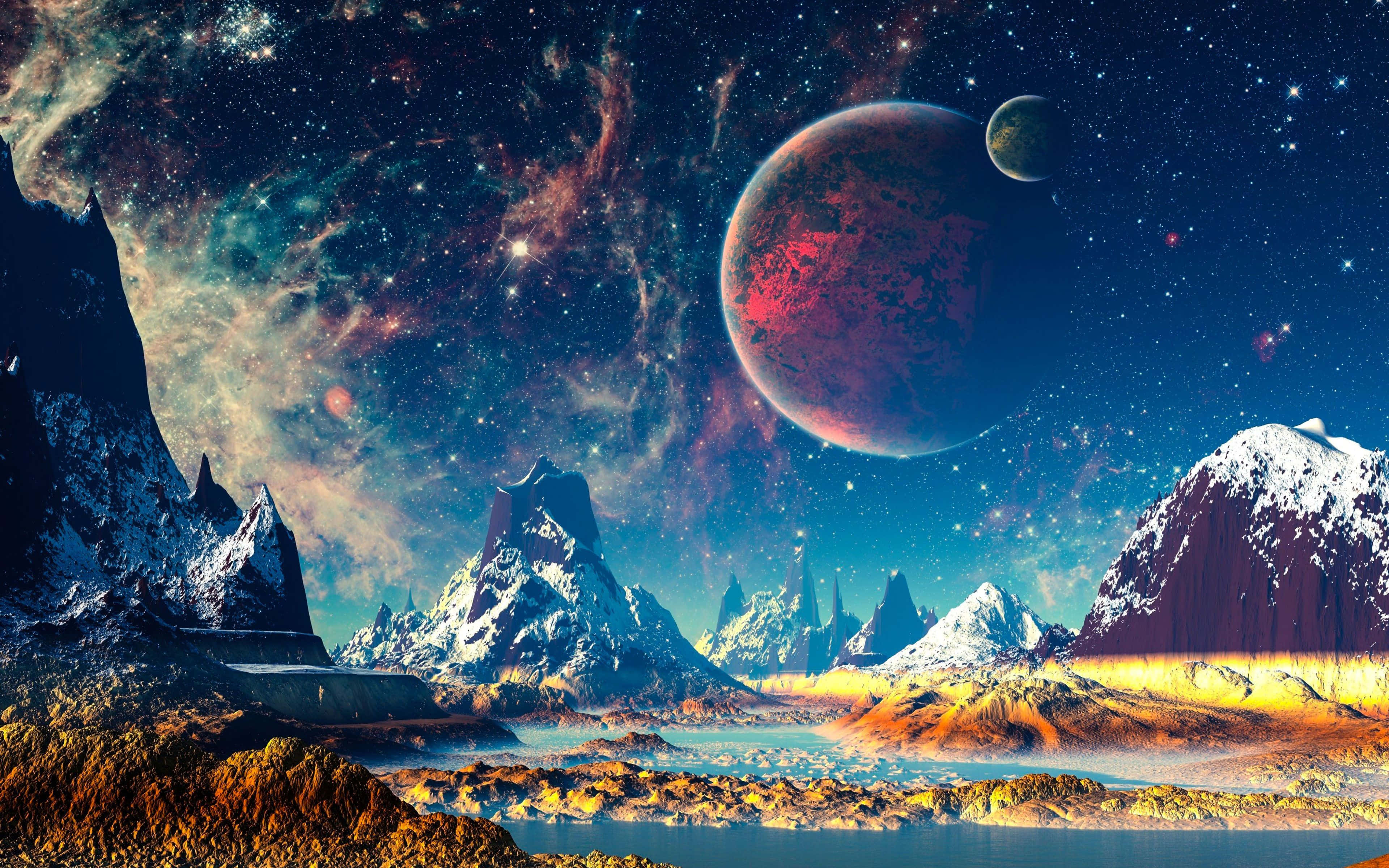 World 桌布 壁紙 — 白雪覆蓋的外星山脈在星空下聳立，上方有一顆巨大的紅色行星和發光的星雲。