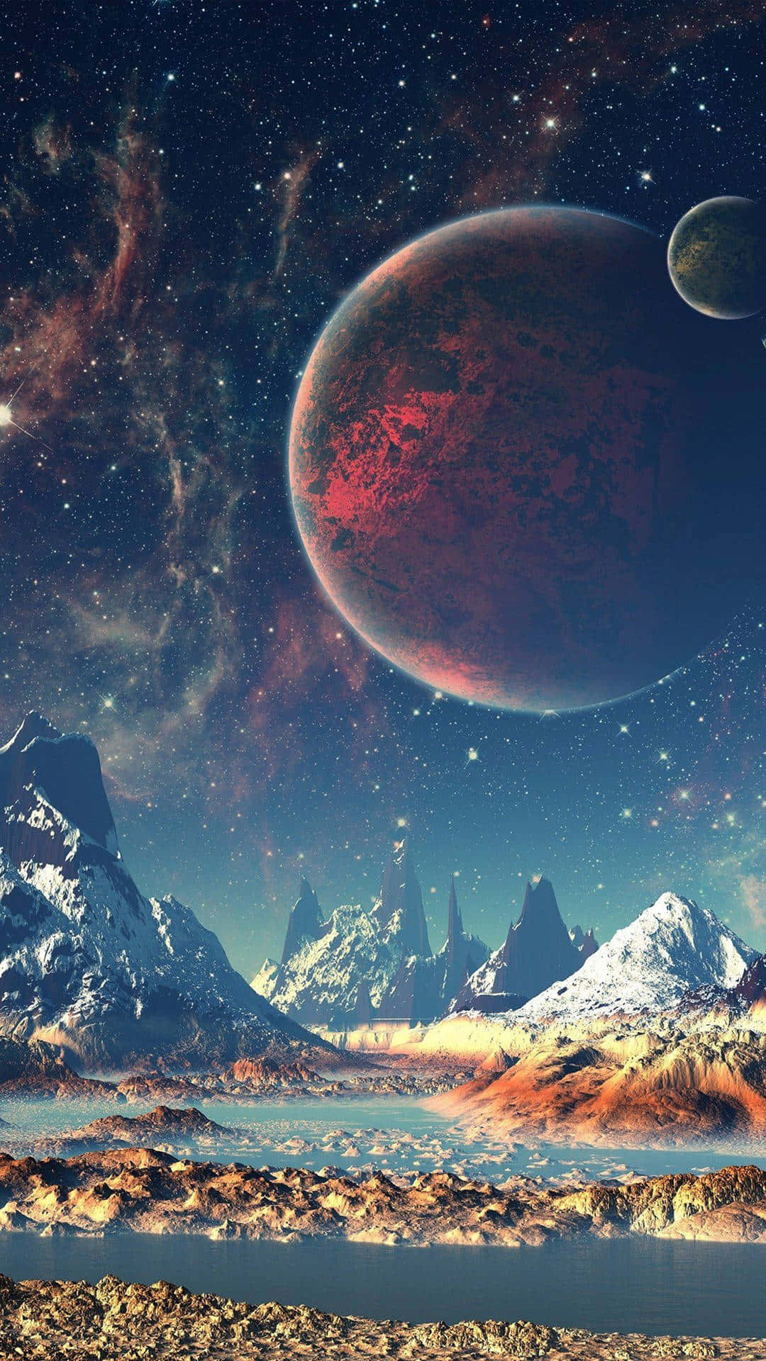 手機 桌布 壁紙 — 白雪覆蓋的外星山脈聳立在平靜的湖邊，星空下有一顆巨大的紅色行星和月亮。