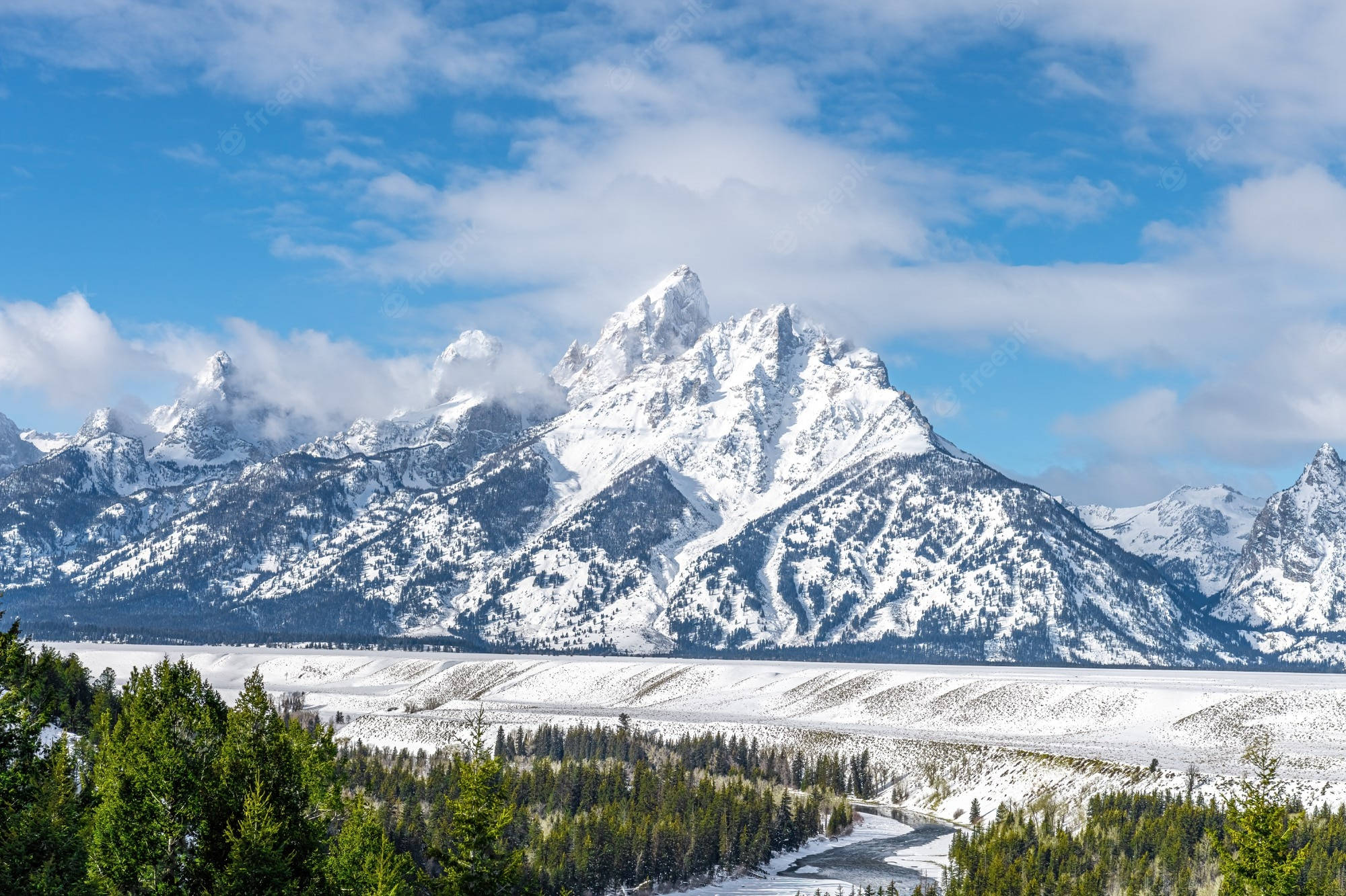 樹木 桌布 壁紙 — 白雪覆蓋的大提頓山峰在明亮的藍天下，雄偉地聳立在點綴著常綠樹的冰凍山谷之上。
