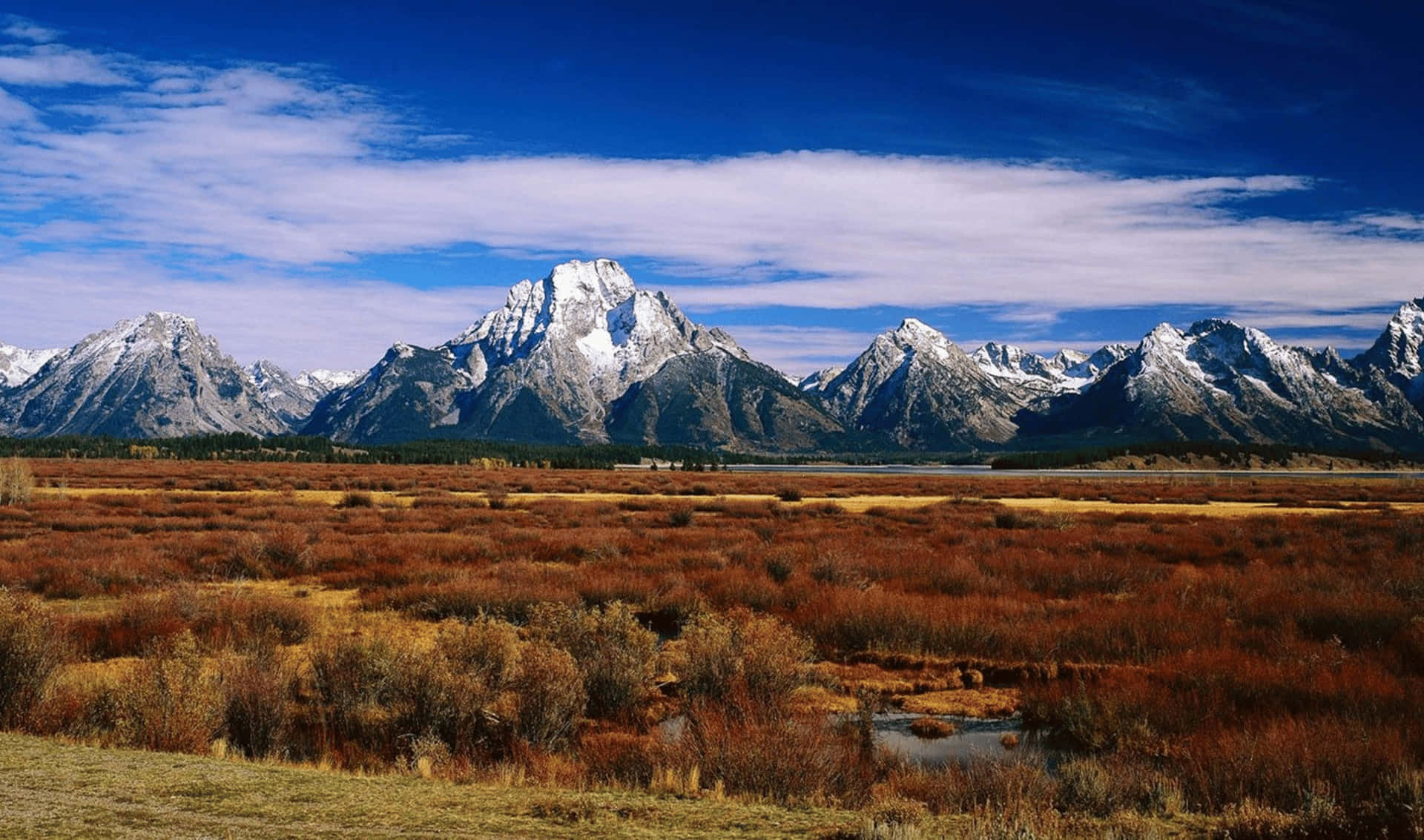 2440x1440 Monitor 桌布 壁紙 — 白雪覆蓋的大提頓峰在金色秋日草原後方雄偉地升起，襯著帶有縷縷白雲的鮮豔藍天。