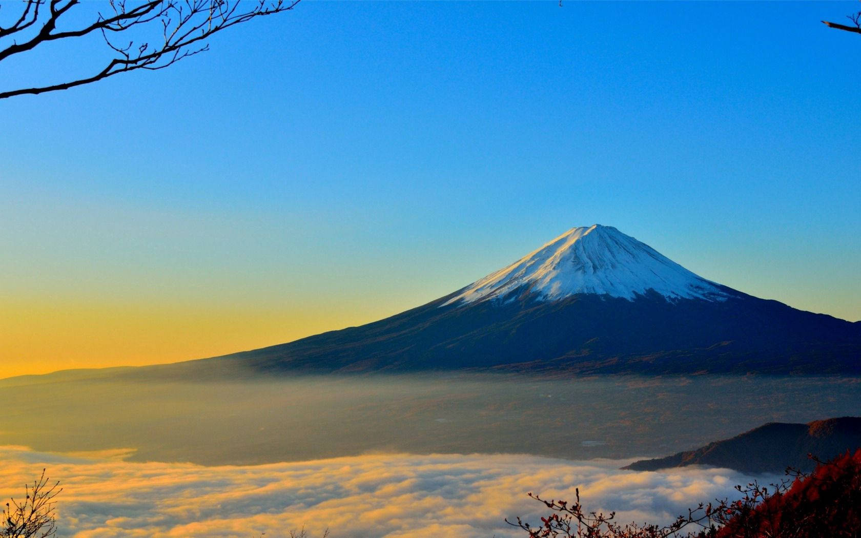 山脈 桌布 壁紙 — 白雪覆蓋的富士山在日出時莊嚴地聳立在金色雲海之上，光禿的樹枝框住了景色。
