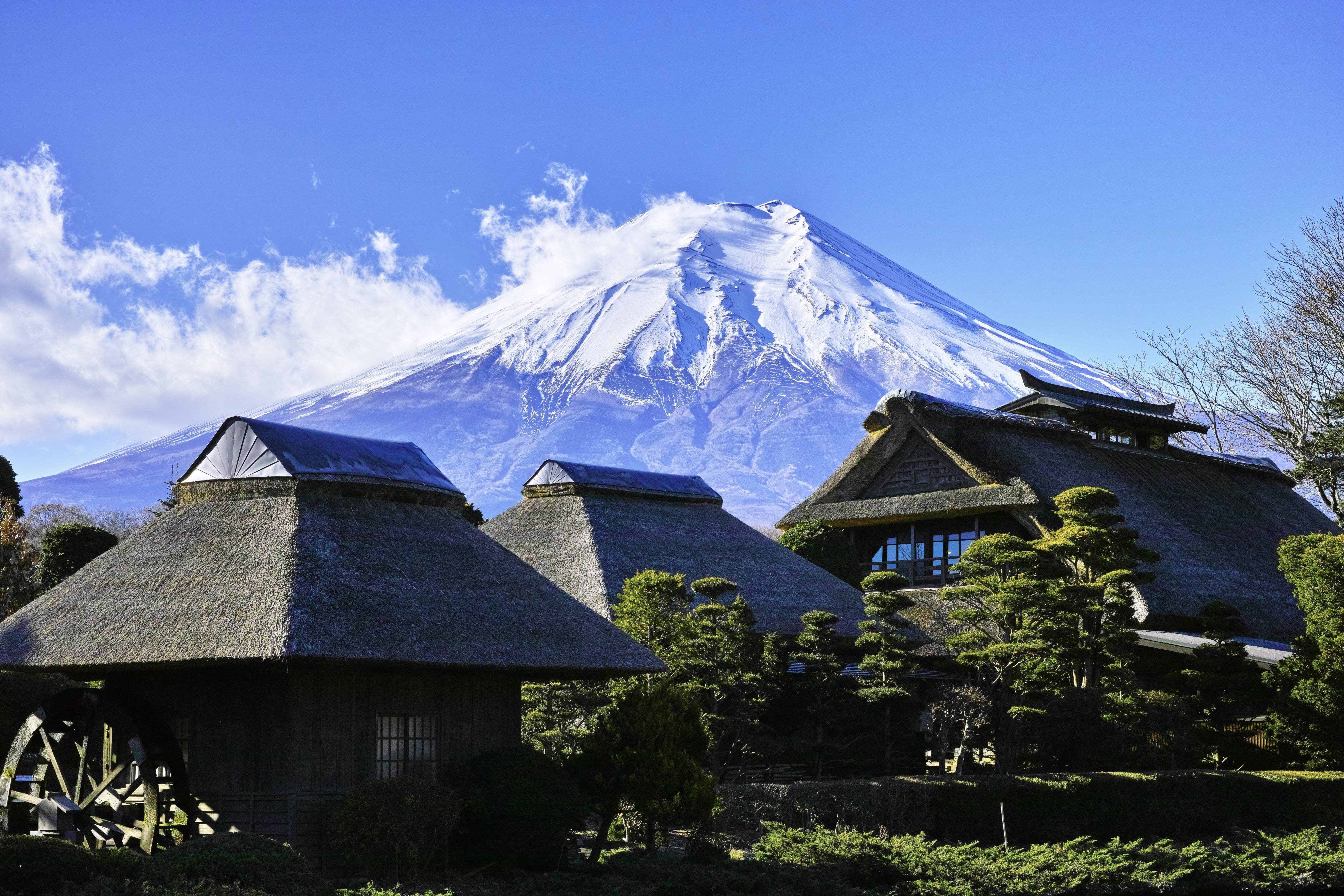 富士山 桌布 壁紙 — 白雪覆蓋的富士山在晴朗的藍天下聳立在傳統的日本茅草屋頂建築後面。