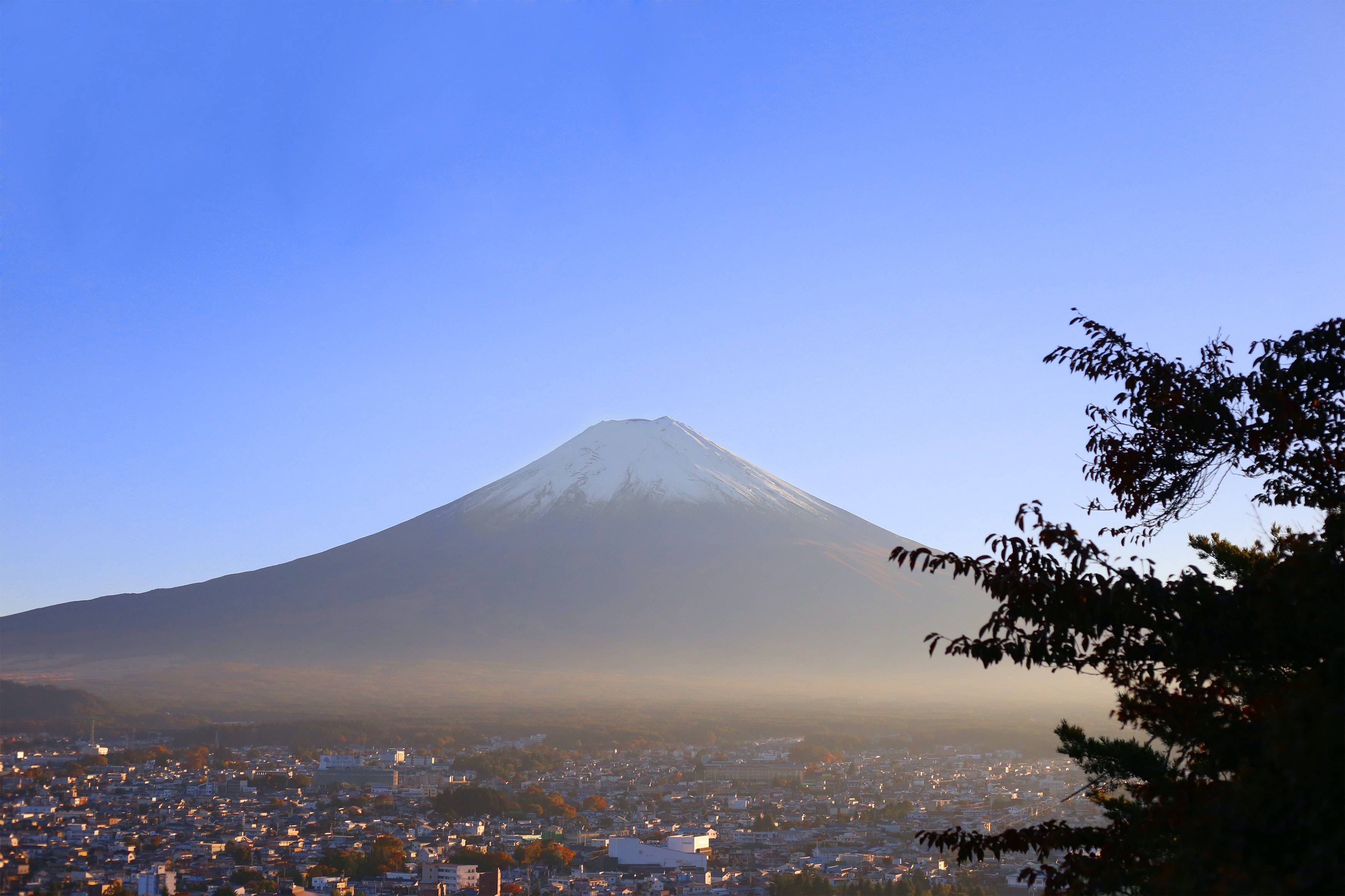 富士山 桌布 壁紙 — 白雪覆蓋的富士山在晴朗的藍天下雄偉地聳立在霧氣瀰漫的小鎮之上，右側有秋葉點綴。