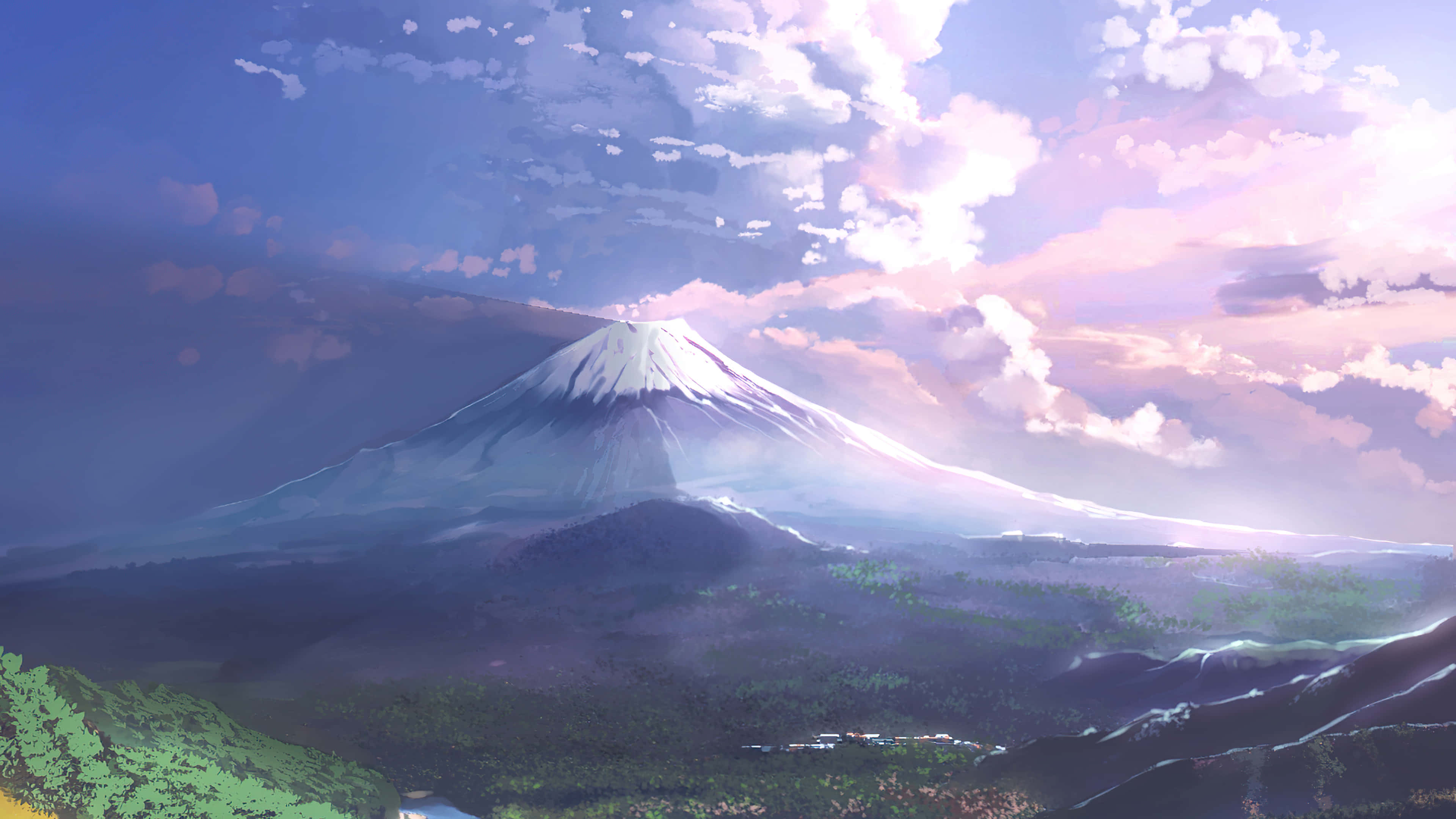 富士山 桌布 壁紙 — 白雪覆蓋的富士山在柔和雲彩和燦爛光線的粉彩天空下巍然聳立。