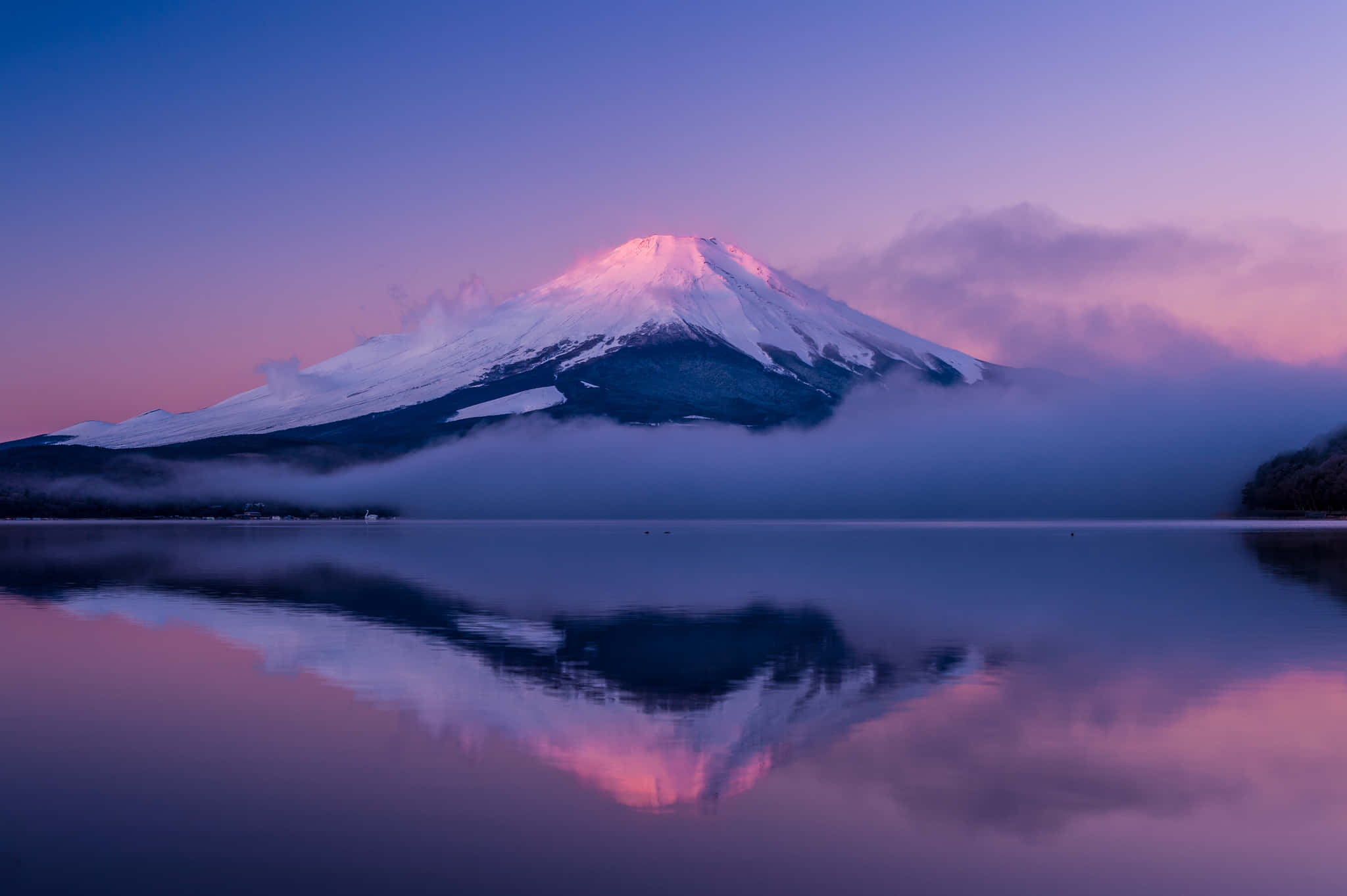 山景 桌布 壁紙 — 白雪覆蓋的富士山在黎明時分閃耀著粉紅色，完美地倒映在紫色天空下的霧氣湖中。