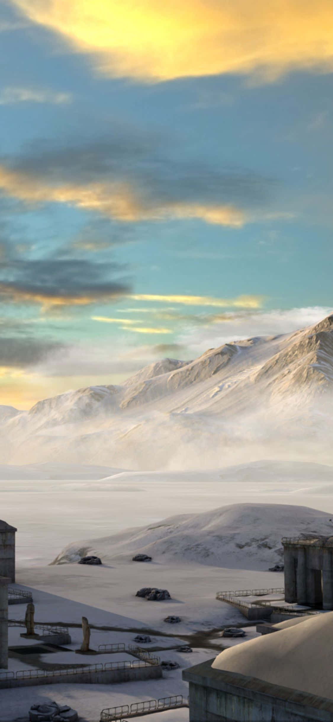 iPhone X The Talos Principle 桌布 壁紙 — 白雪覆蓋的山地景觀，古老遺跡在金色夕陽天空下。