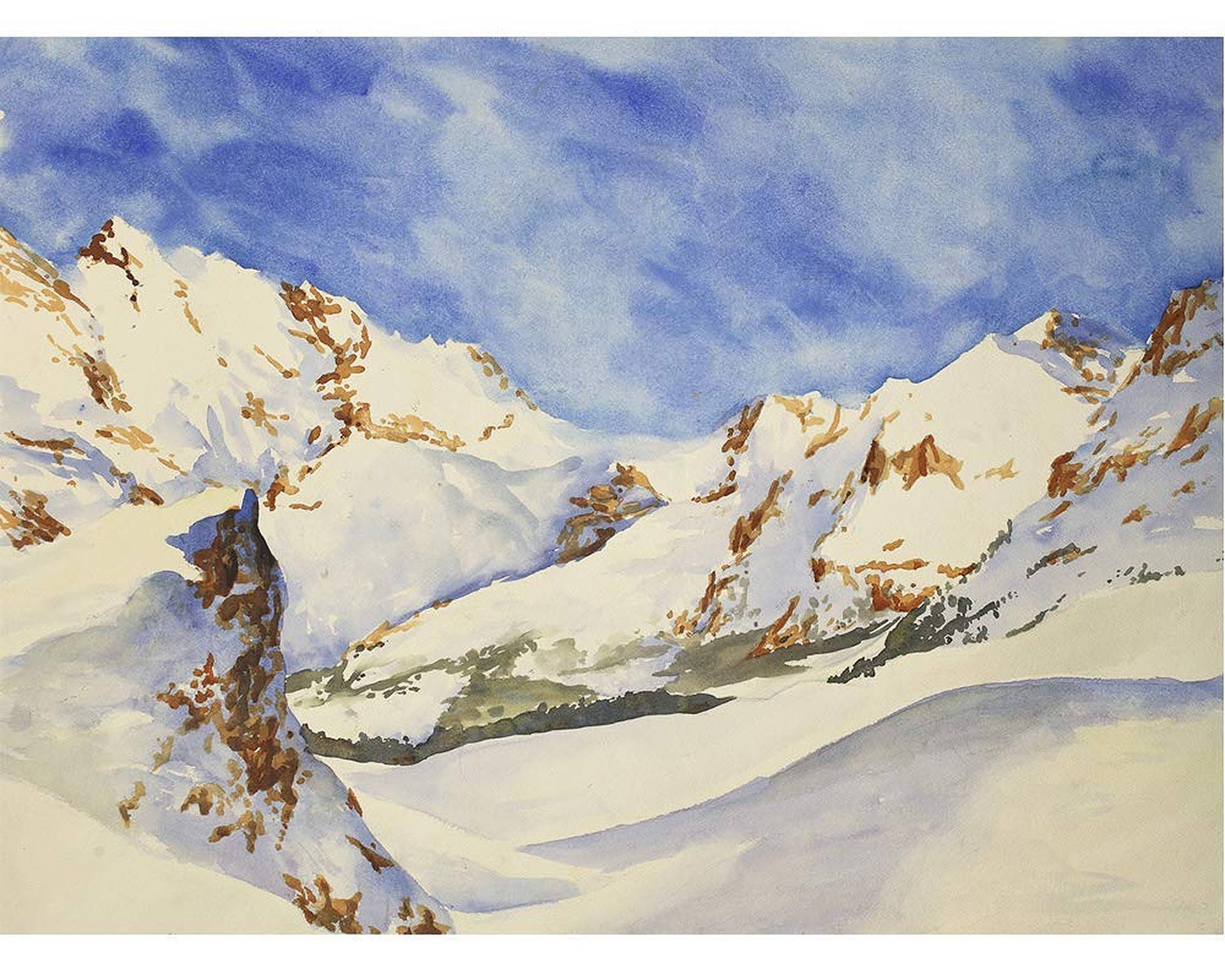 Alps 桌布 壁紙 — 白雪覆蓋的山峰，露出棕色岩石，在廣闊的藍天下以水彩繪製。