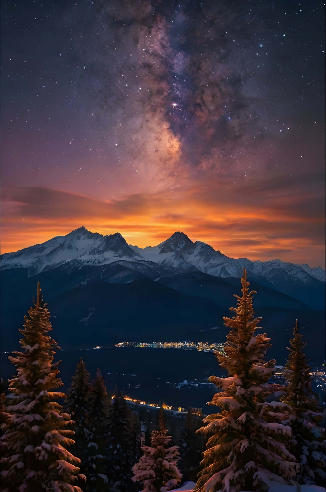 Galactic Summit at Midnight 壁紙 — 白雪覆蓋的山峰在充滿活力的暮色天空下升起，天空中有銀河和發光的橙色雲彩。