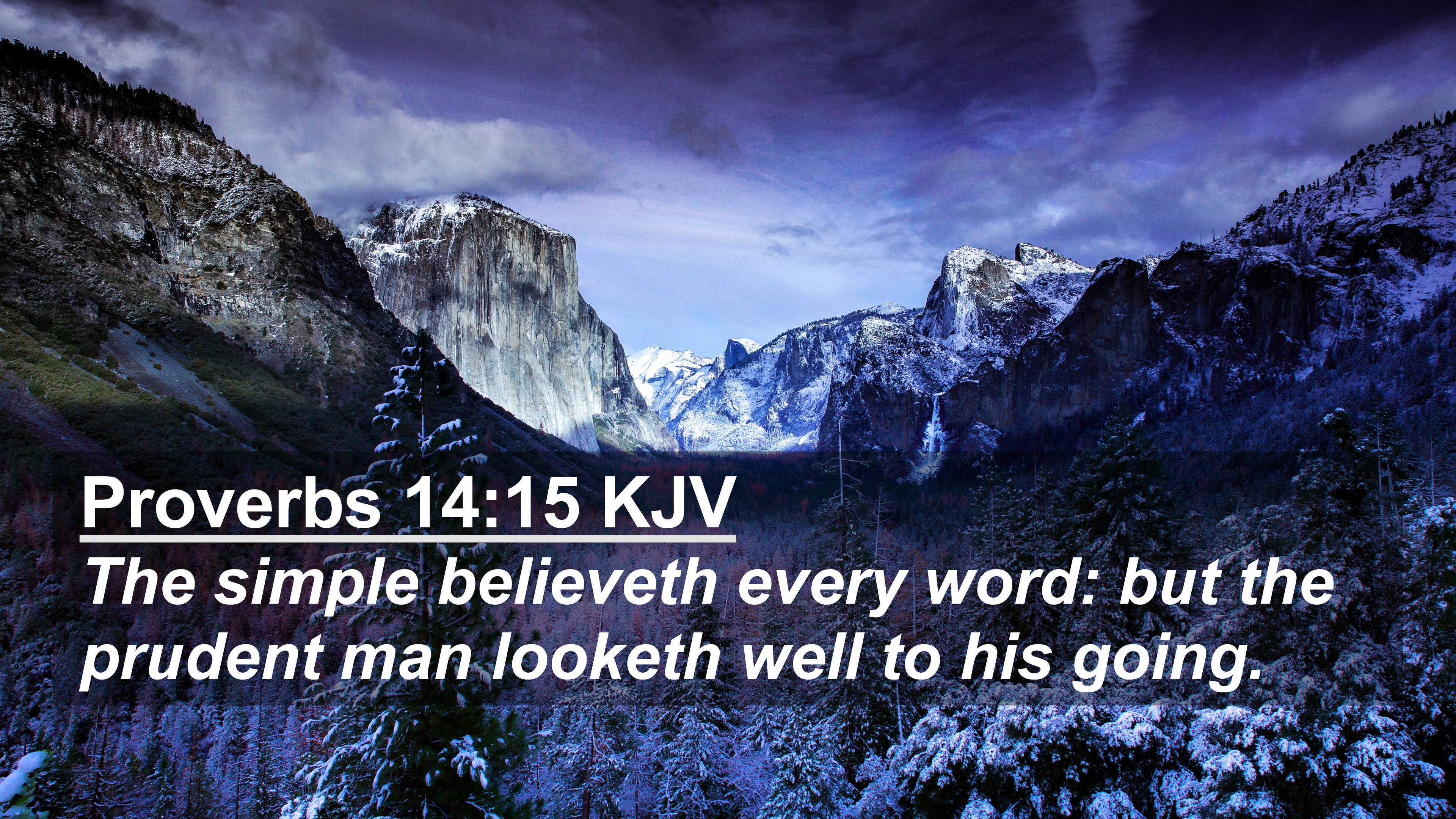 Bible Quotes 桌布 壁紙 — 白雪覆蓋的山峰在戲劇性的紫色天空下升起，常綠樹上灑滿了雪，並疊加了一節聖經經文。