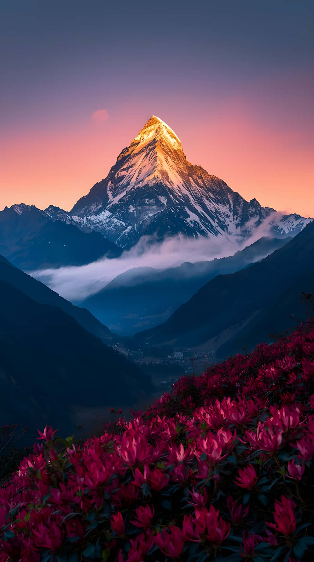 Vertical Himalayan Sunset Landscape with Pink Flora 壁紙 — 白雪覆蓋的山峰在日出時金光閃閃，下方是粉紅花海和迷霧山谷。