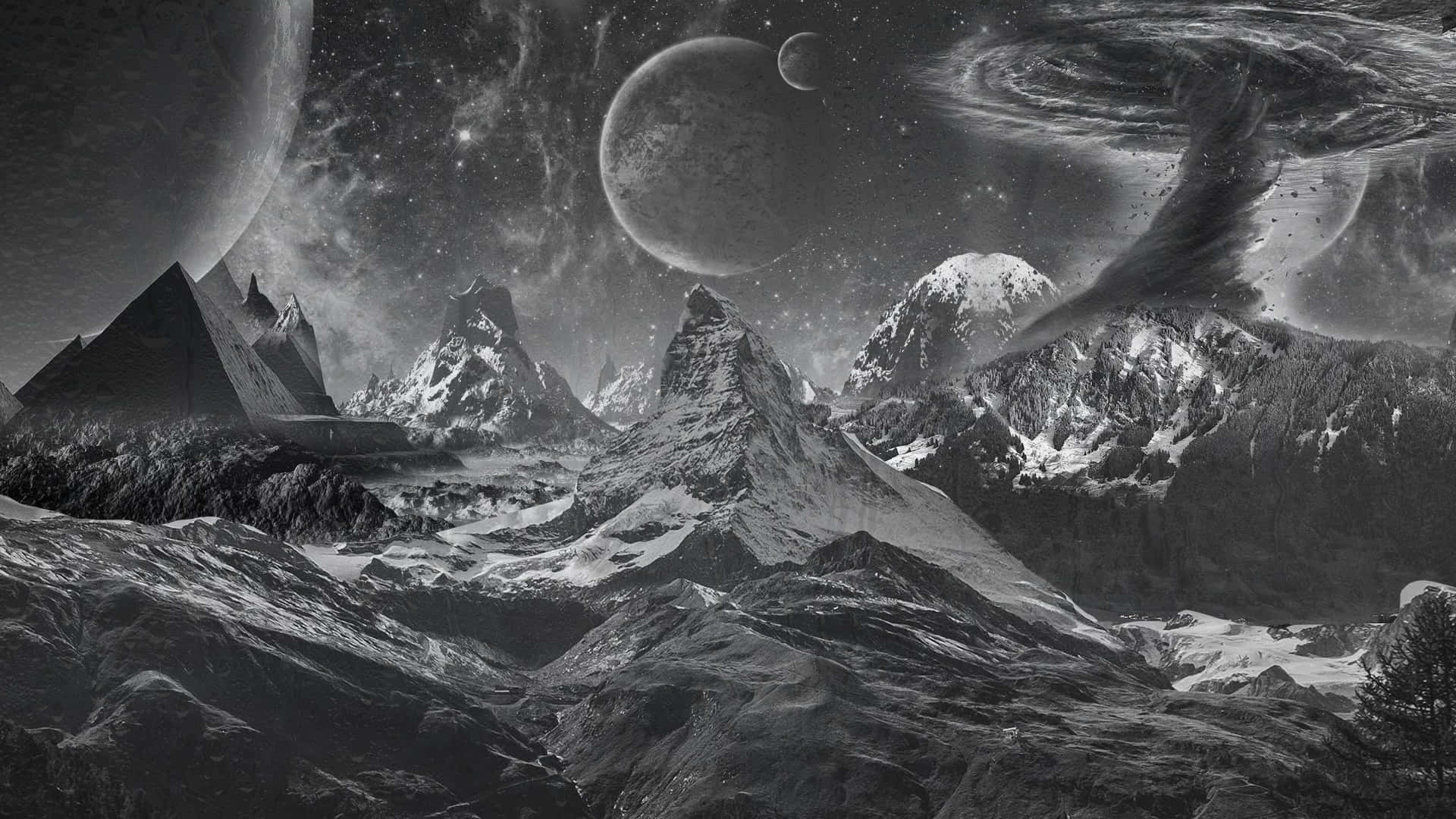 桌布 壁紙 — 白雪覆蓋的山峰在星空下聳立，浮動的行星和宇宙漩渦以單色呈現。