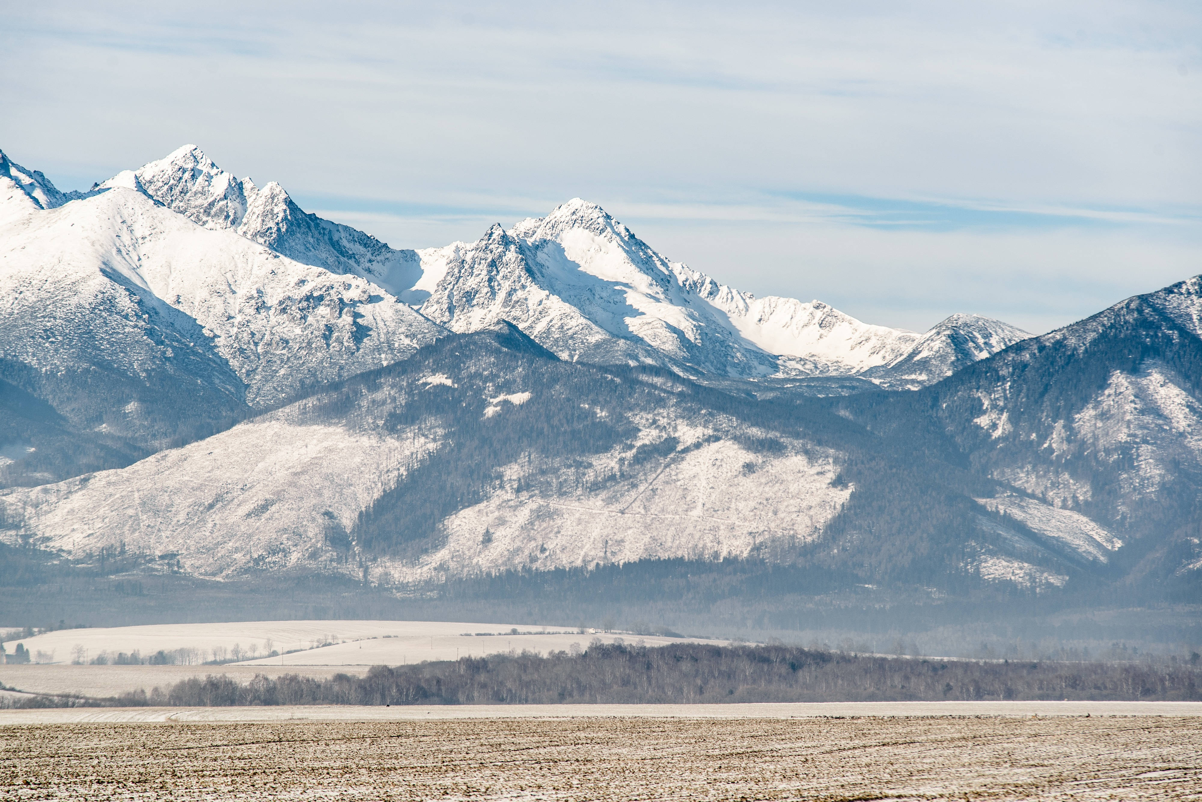Slovakia 桌布 壁紙 — 白雪覆蓋的山峰在淡藍色天空下，在冰凍的田野後方雄偉地升起。