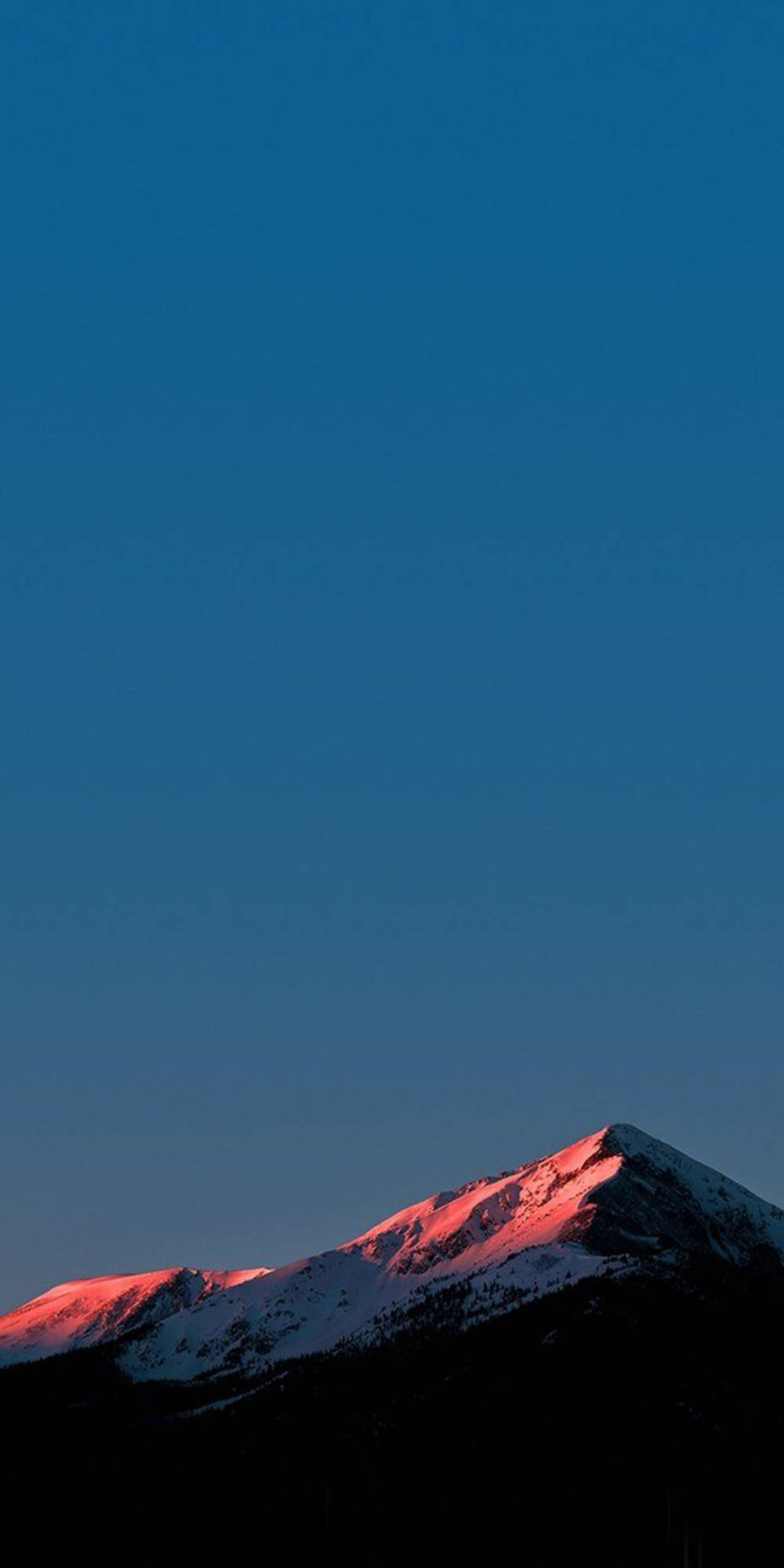 風景 桌布 壁紙 — 白雪覆蓋的山峰在深藍色的暮色天空中散發出溫暖的粉紅色光芒。
