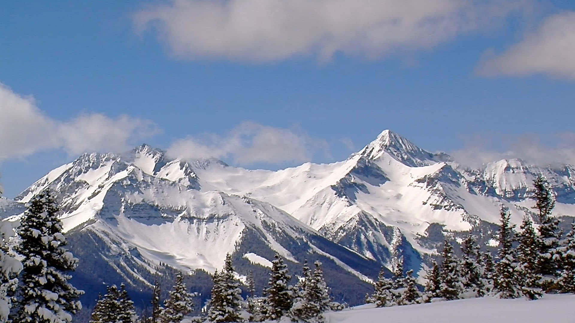 Mountain Scenery 桌布 壁紙 — 白雪覆蓋的山峰在藍天白雲下巍然聳立，前景的常青樹掛滿積雪，構成框架。