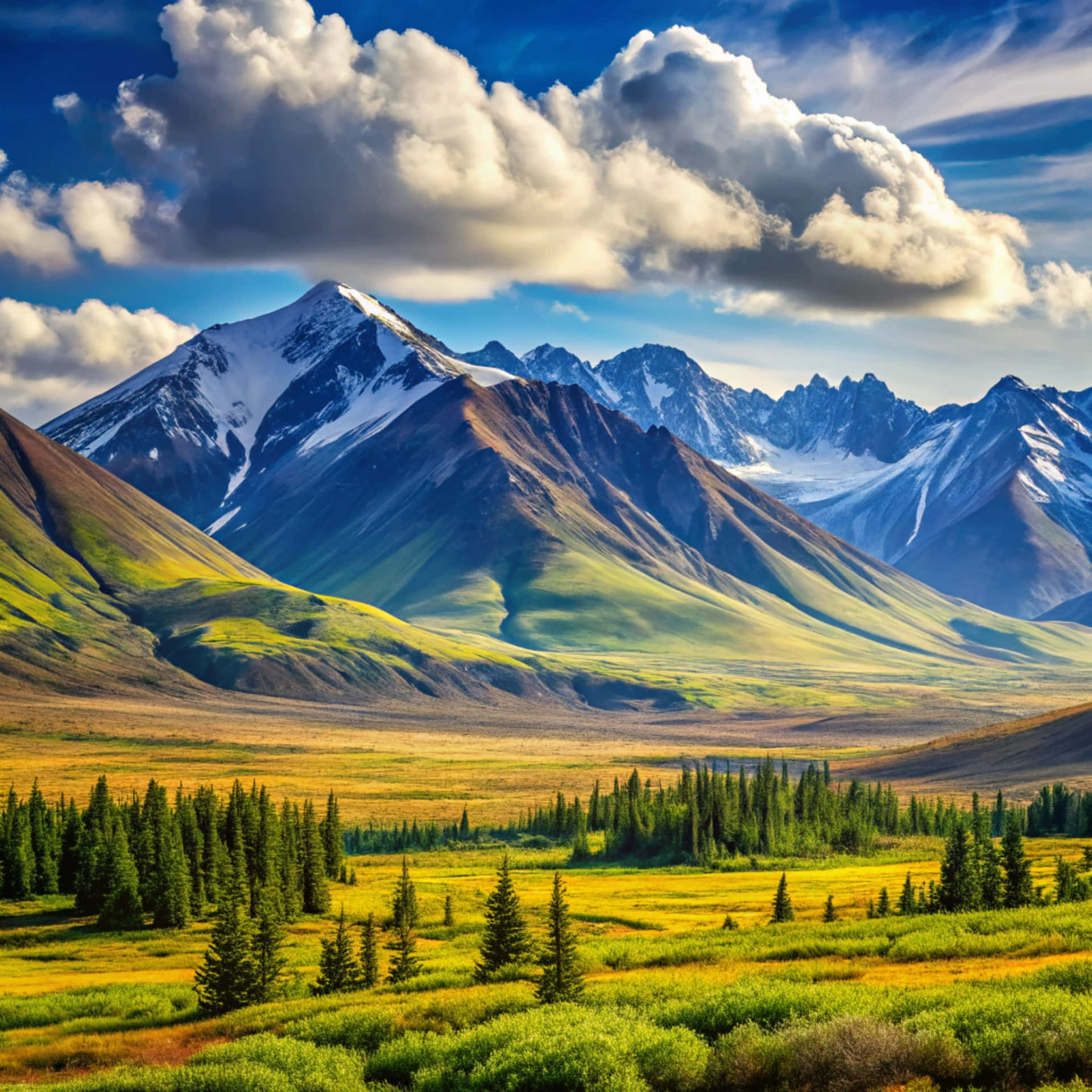 Mountain meadow on a sunny day 壁紙 — 白雪覆蓋的山峰在起伏的綠色山丘和點綴著常綠樹木的金色草地背後，在戲劇性的天空下雄偉地聳立。