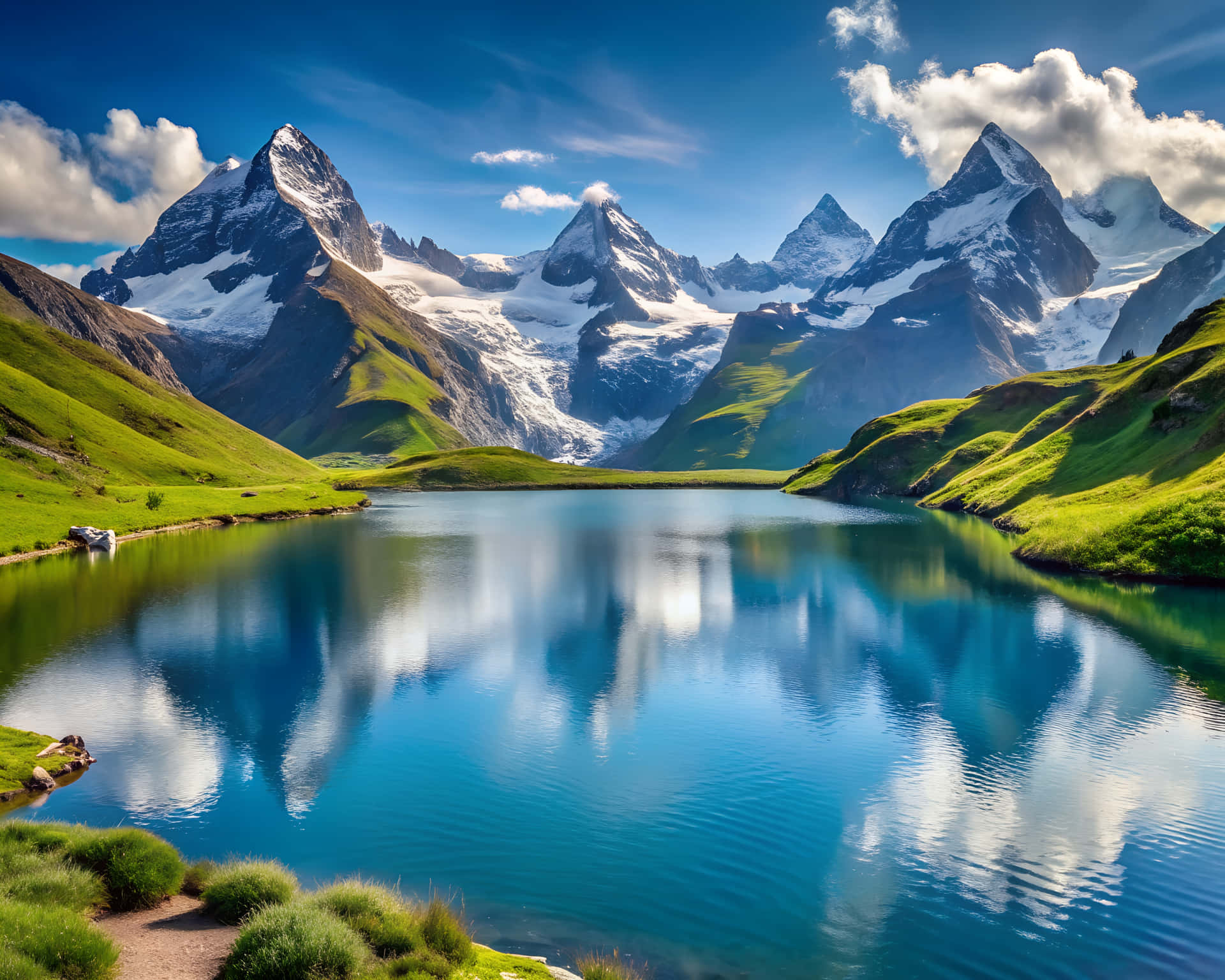 Splendid view of the lake 壁紙 — 白雪覆蓋的山峰完美地倒映在平靜的綠松石色湖水中，周圍是茂密的綠色山丘，上方是明亮的藍天和蓬鬆的白雲。