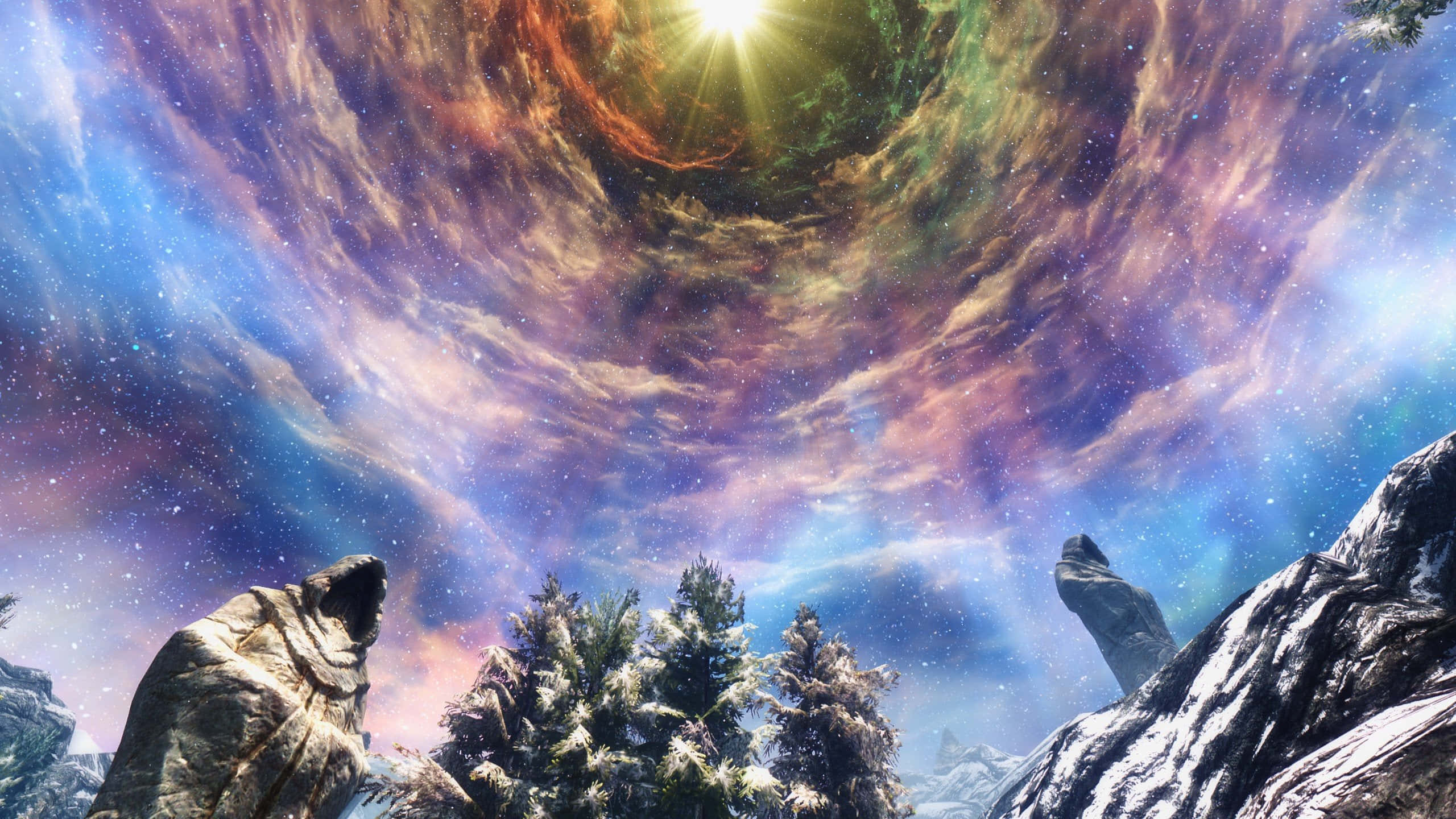 Sovngarde 桌布 壁紙 — 白雪覆蓋的山峰框出了一片充滿活力的宇宙天空，其中有旋轉的星雲和燦爛的太陽。
