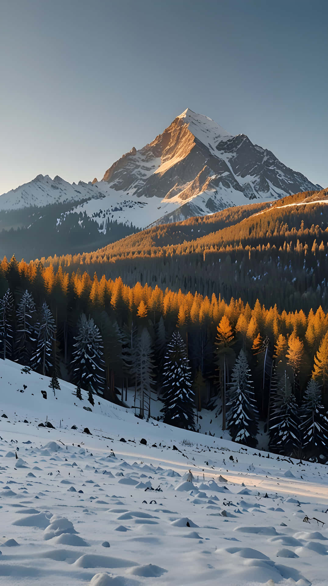 Majestic mountain landscape bathed in golden sunset light. 壁紙 — 白雪覆蓋的山峰沐浴在金色的日出光芒中，聳立於灑滿白雪的常綠樹林之上。