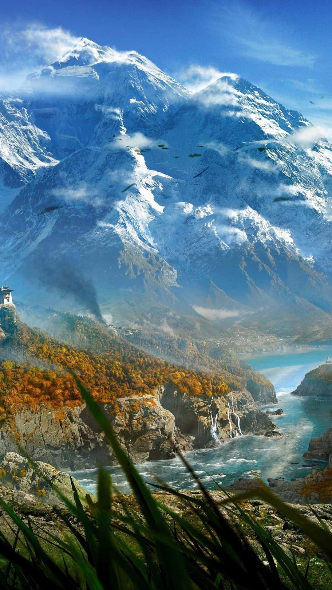 iPhone Xs Far Cry 4 桌布 壁紙 — 白雪覆蓋的山峰聳立在充滿活力的秋日山谷之上，山谷中有碧綠色的峽灣和懸崖上的一座孤塔。