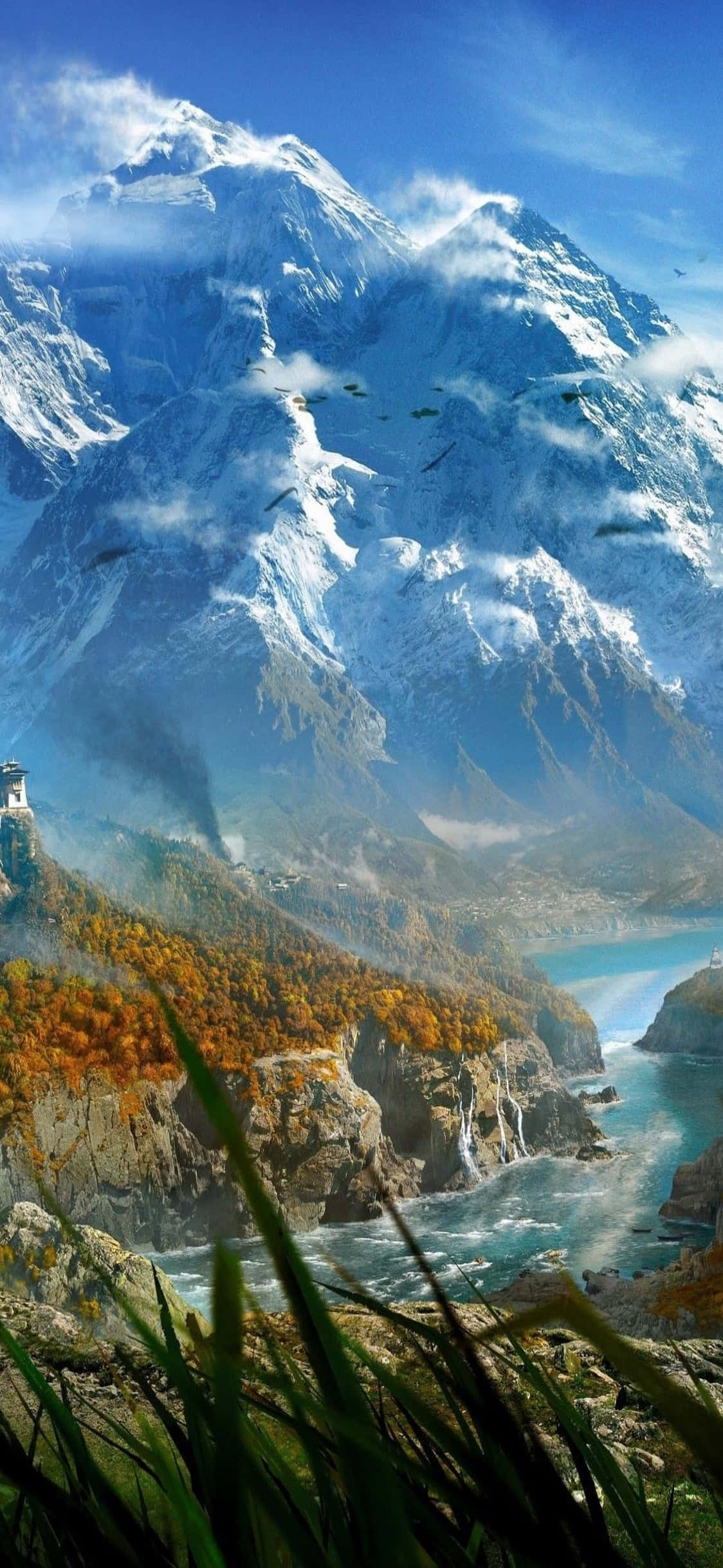 iPhone X Far Cry 3 桌布 壁紙 — 白雪覆蓋的山峰聳立於海岸山谷之上，山谷中有秋天的樹木和碧綠的海水，天空清澈湛藍。
