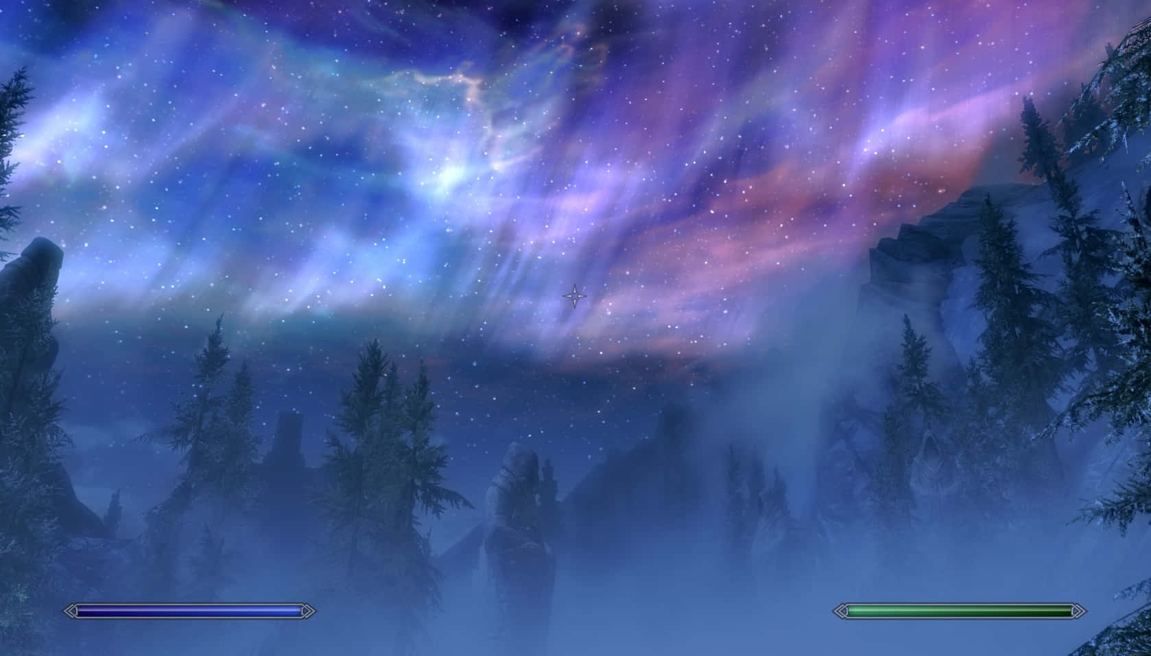 Sovngarde 桌布 壁紙 — 白雪覆蓋的山林，在充滿活力的紫色和藍色星空下，閃耀著星雲。